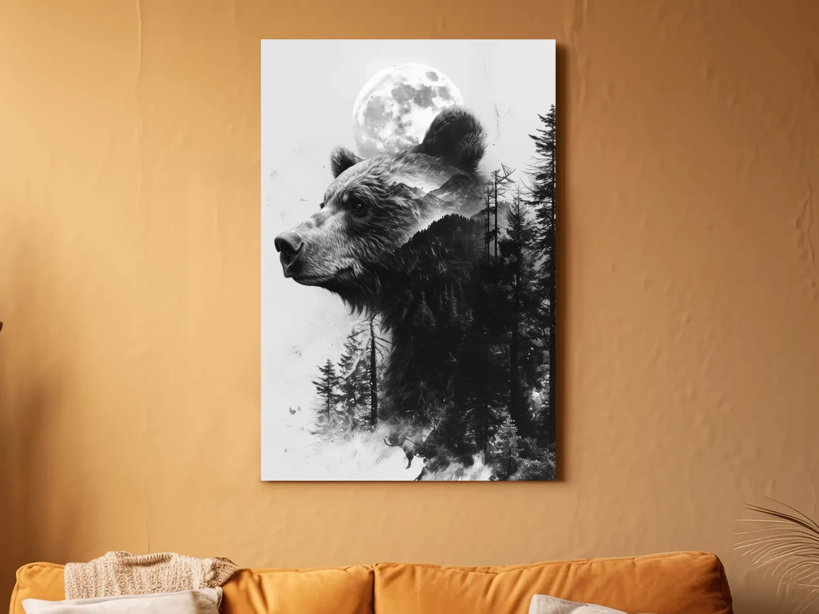 Grizzly Bear Double Exposure Drawing - Moonlit Pine Forest Wildlife Wall Art