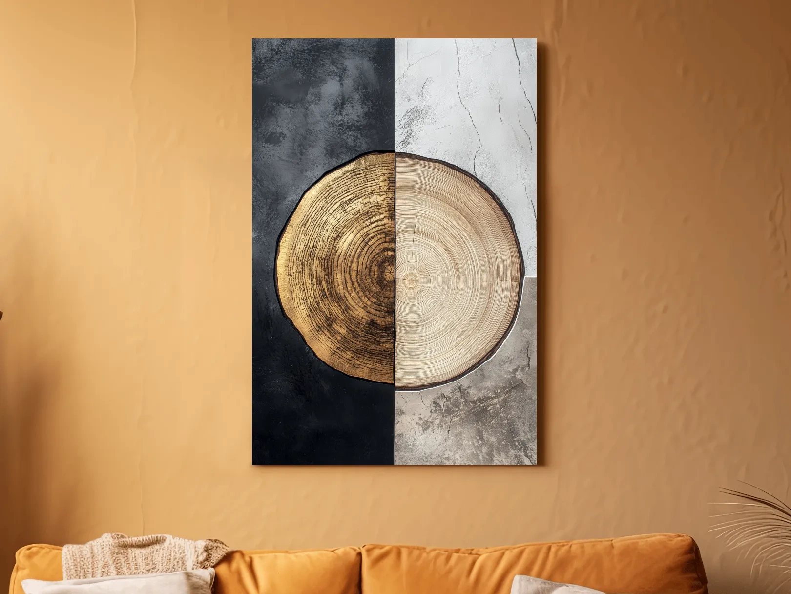 Split Marble And Charcoal Wood Slice - Modern Rustic Tree Ring Wall Art