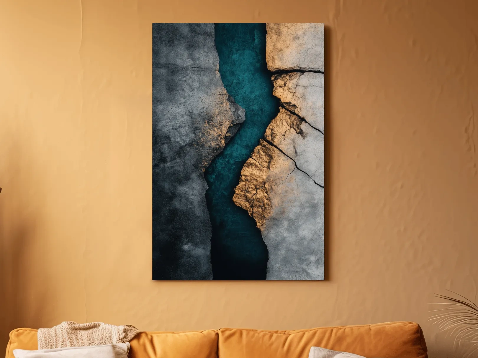 Teal River Canyon With Cracked Stone Texture - Modern Abstract Geode Wall Art