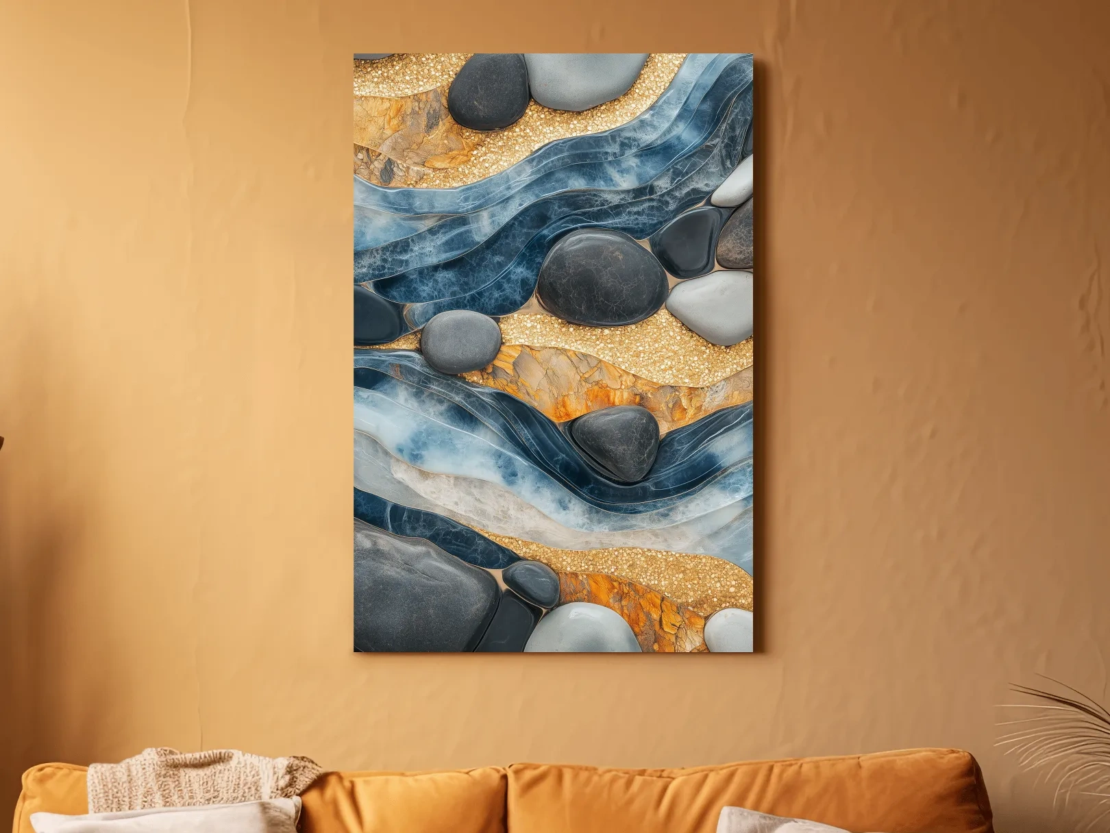 Abstract Blue River Stone Mosaic - Modern Pebble Texture Wall Art