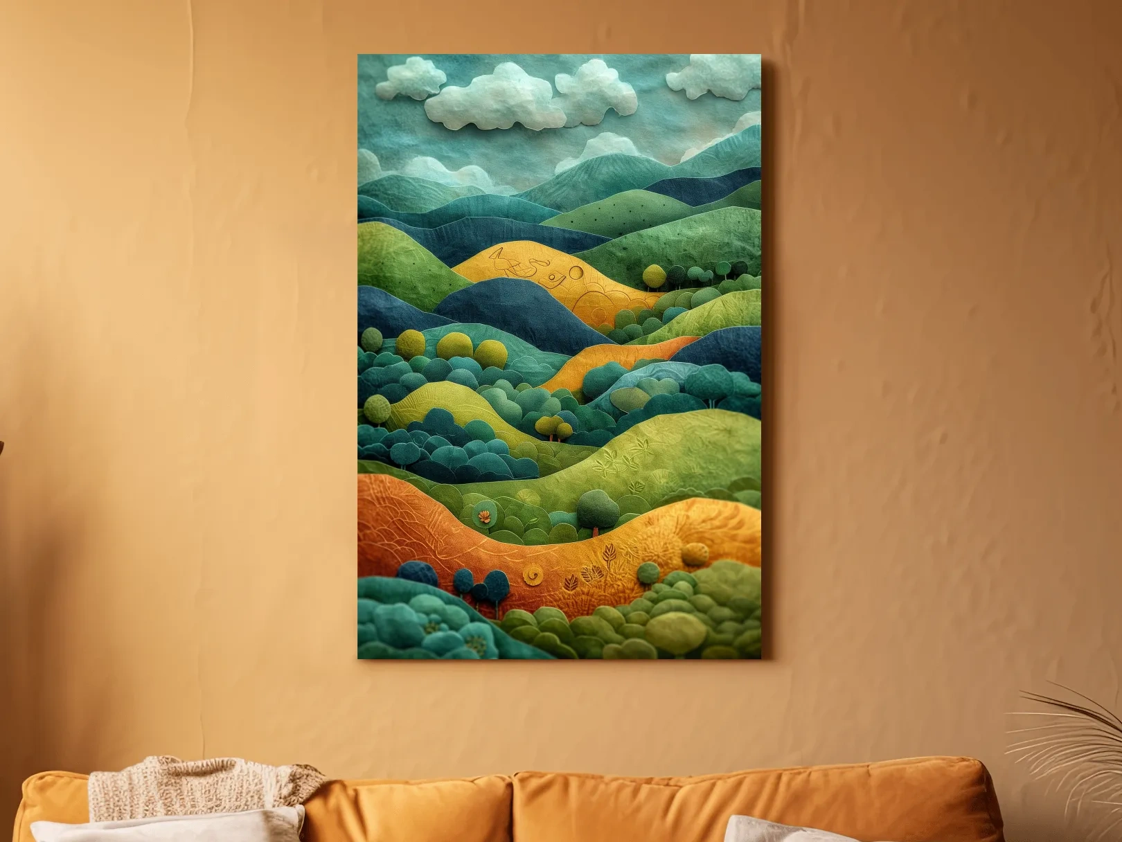 3D Layered Paper Cut Style Mountain Artwork - Whimsical Surreal Landscape Wall Art