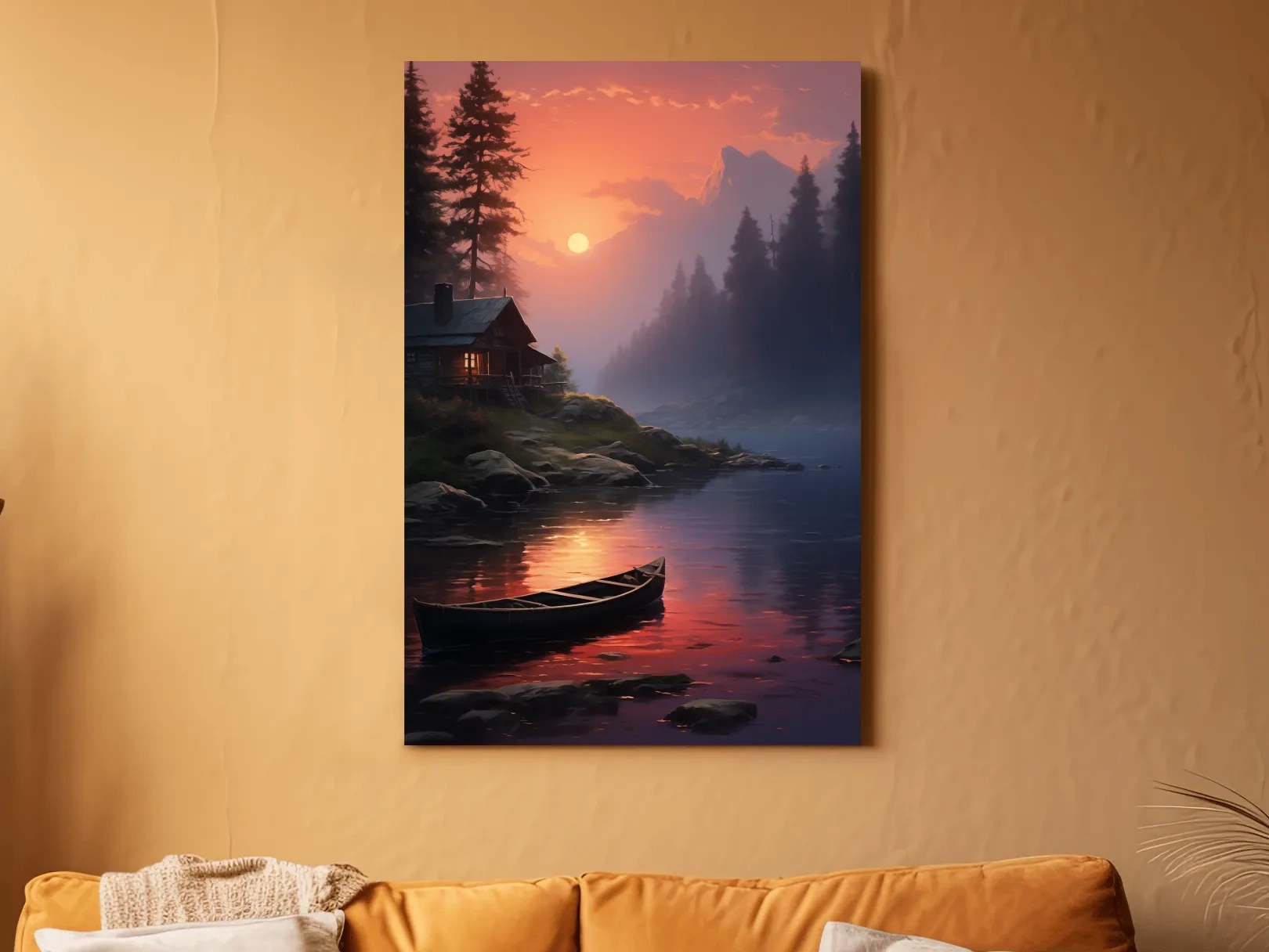 Lakeside Cabin Sunset Landscape - Cinematic Mountain Lake Wall Art