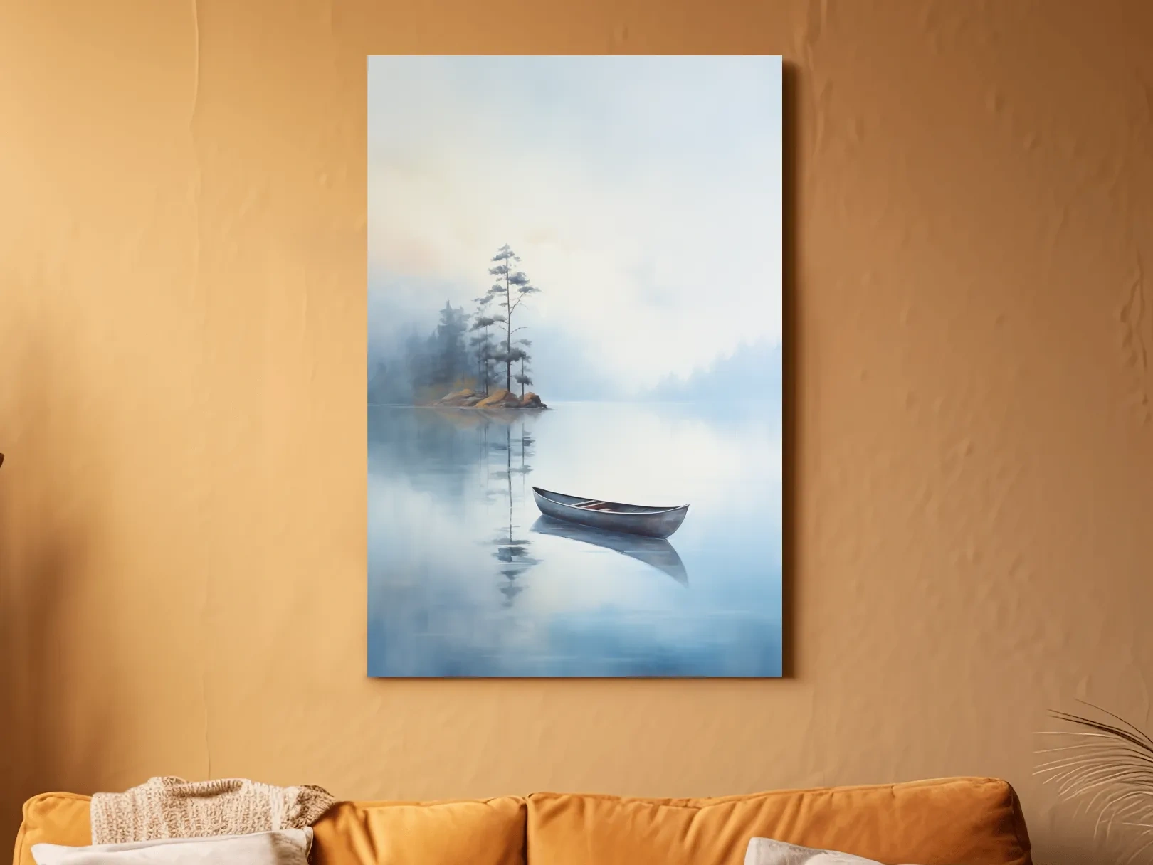 Misty Lake Canoe Painting - Serene Minimalist Watercolor Wall Art