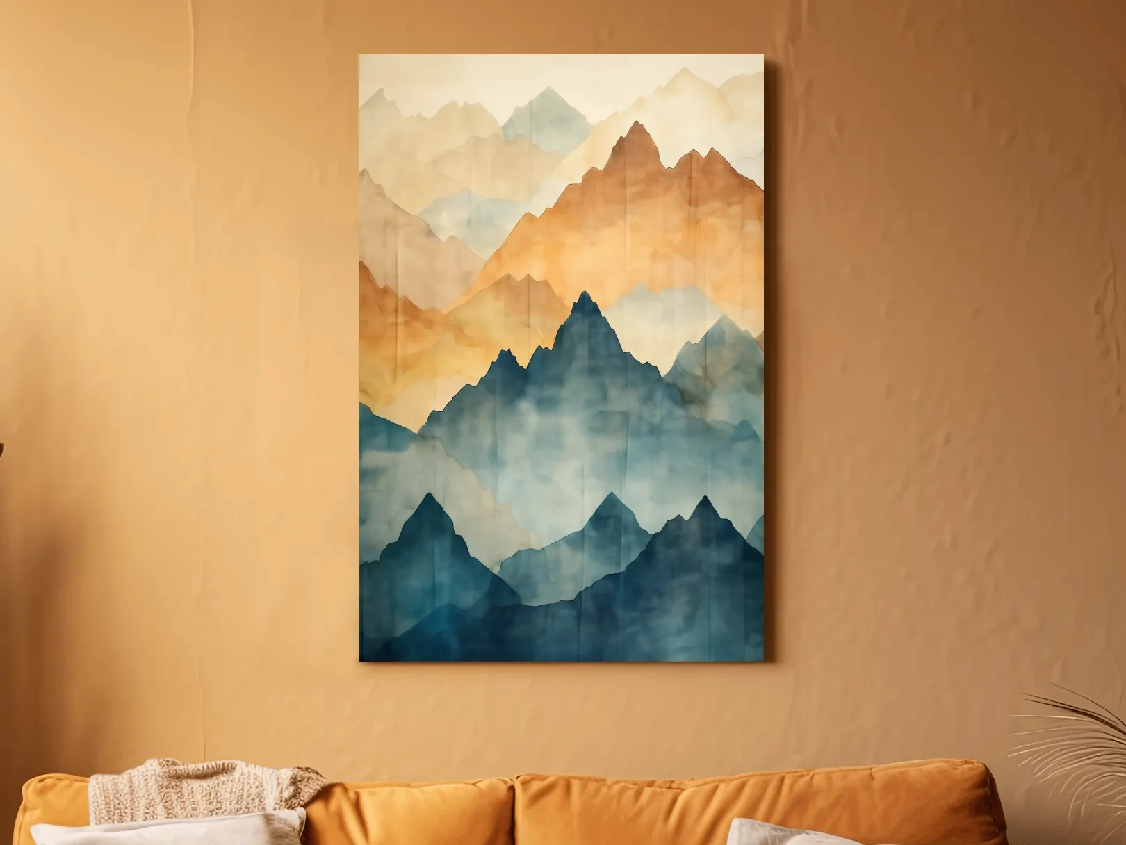 Textured effect watercolour painting of mountain ridgelines in the fog