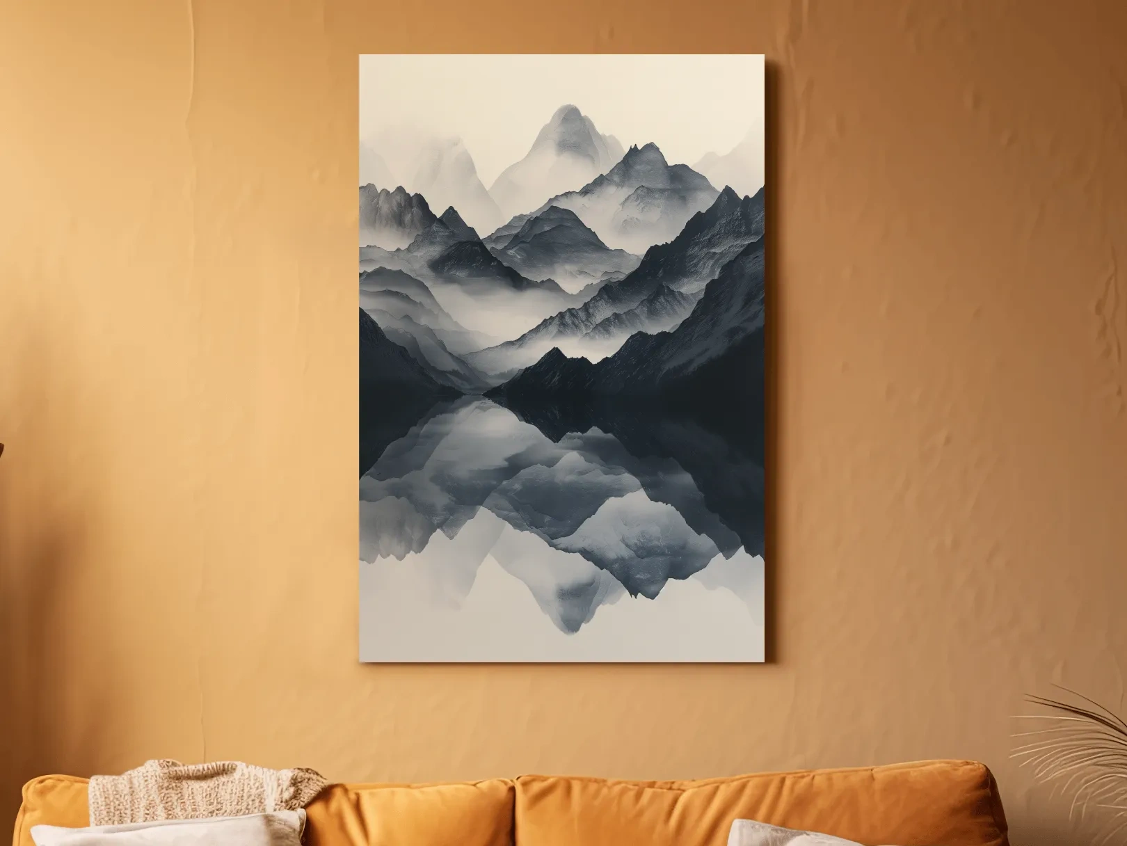Monochrome Misty Mountain Reflection Landscape - Minimalist Japandi Wall Art