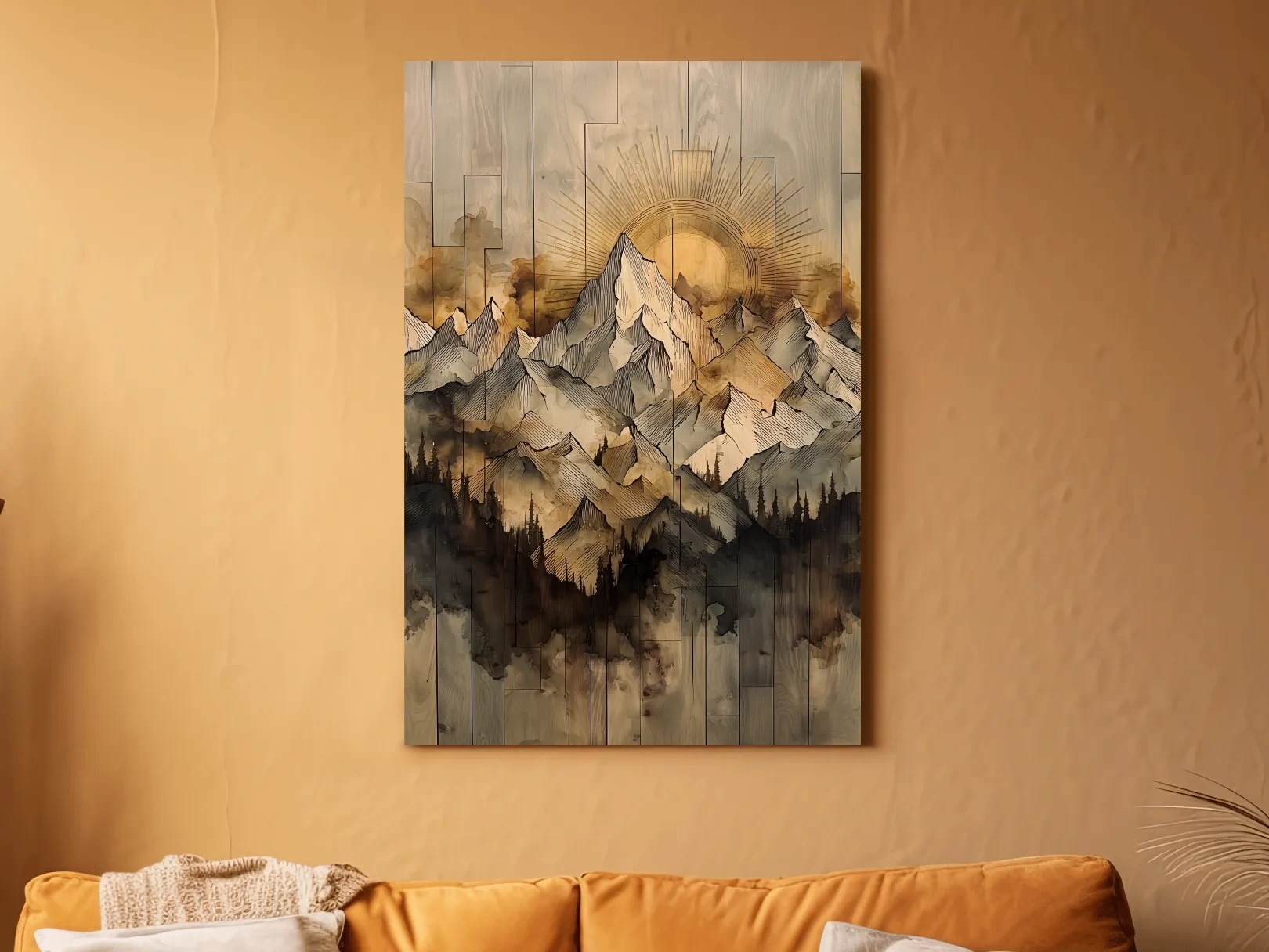 Sunrise Alpine Mountain Range Illustration - Rustic Watercolor Landscape Wall Art