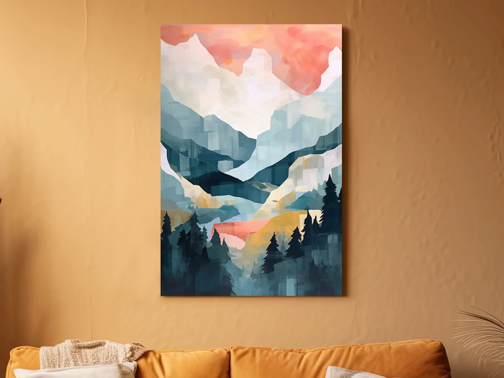 Abstract Watercolor Alpine Mountains At Sunrise - Modern Forest Landscape Artwork