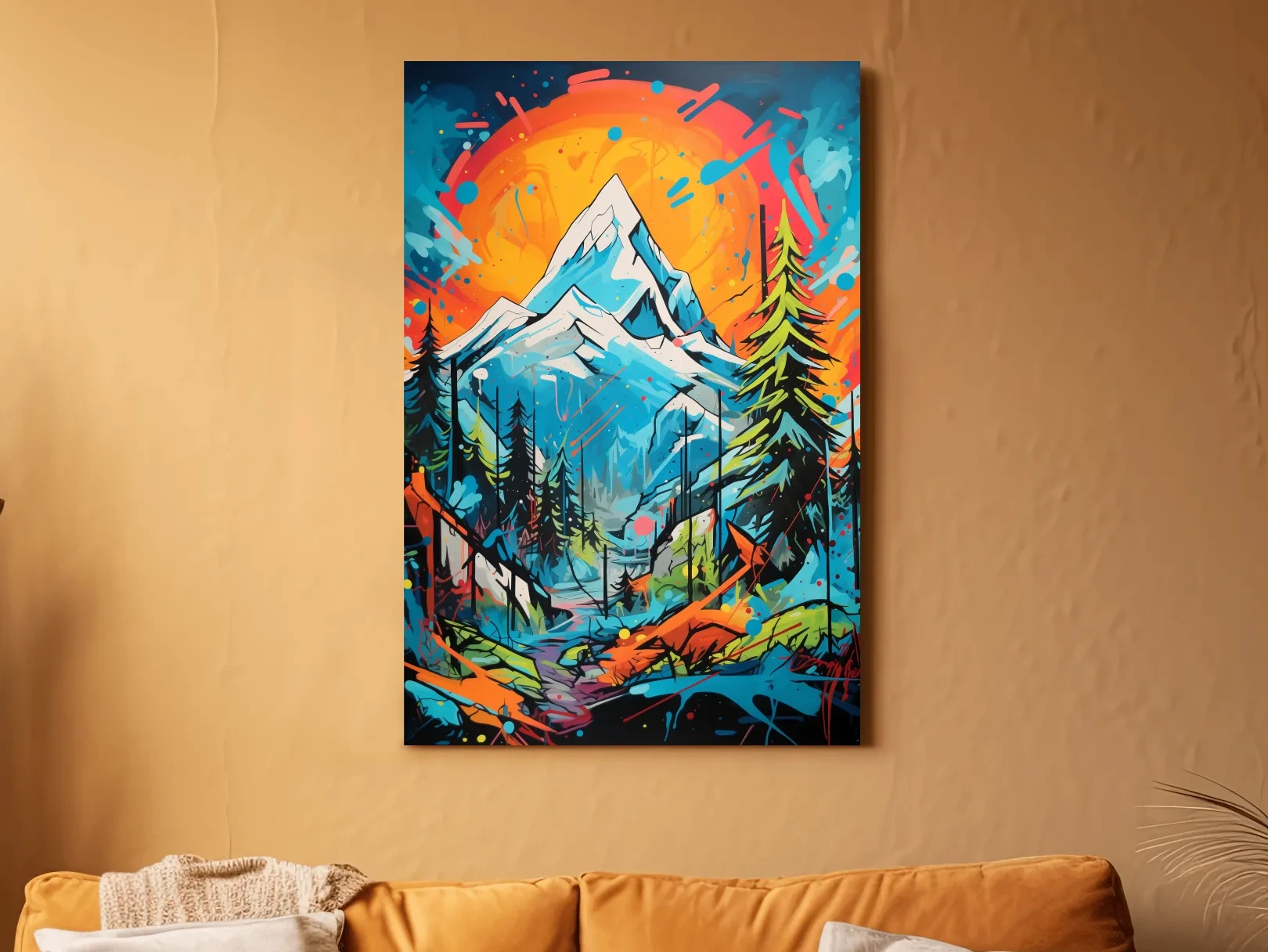 Vibrant Abstract Mountain Sunset Graffitti Painting - Colorful Pop Art Alpine Wall Art