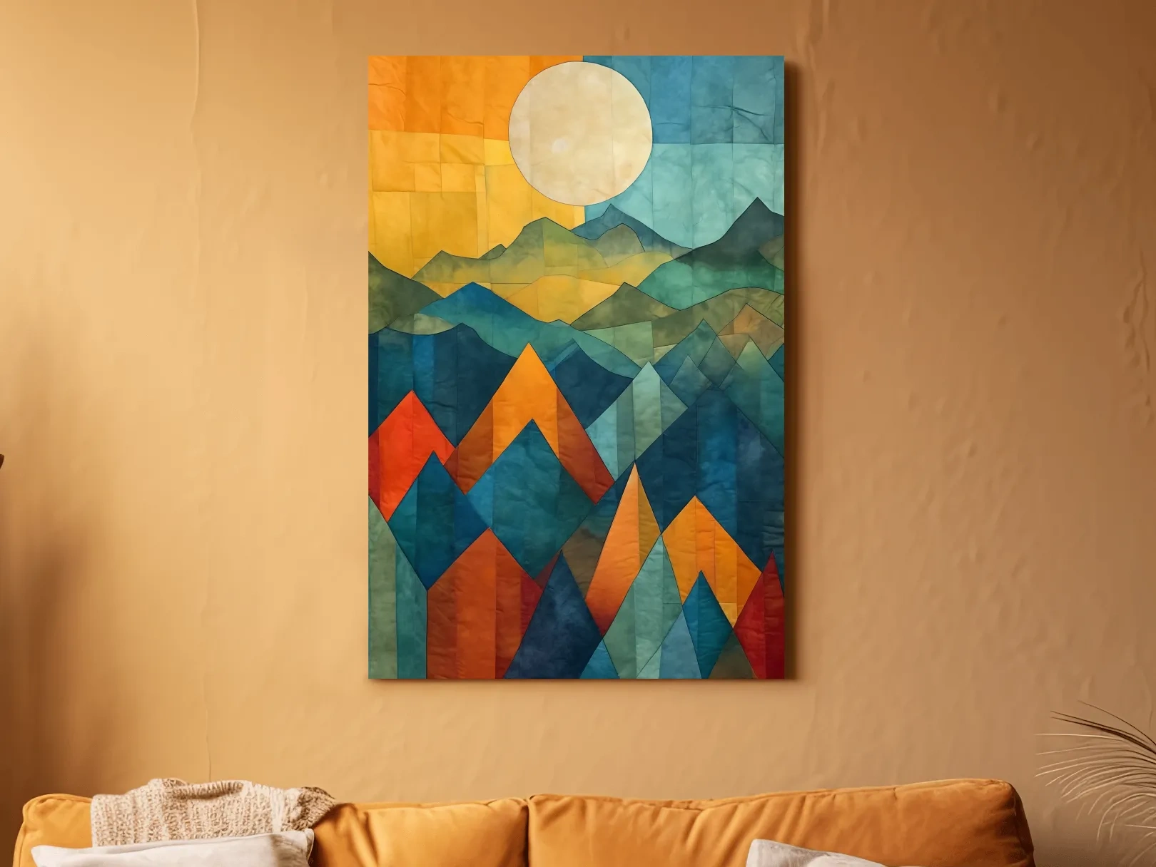 Geometric Patchwork Sunlit Mountain Range Painting - Colorful Abstract Alpine Wall Art