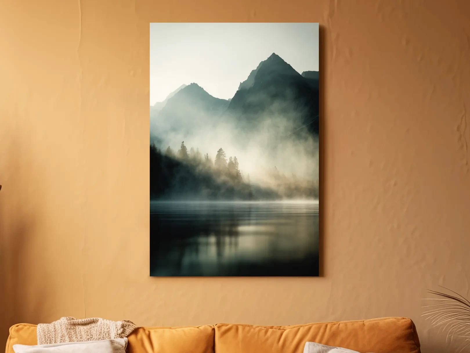 Moody Misty Mountain Lake Landscape - Serene Foggy Pine Forest Wall Art