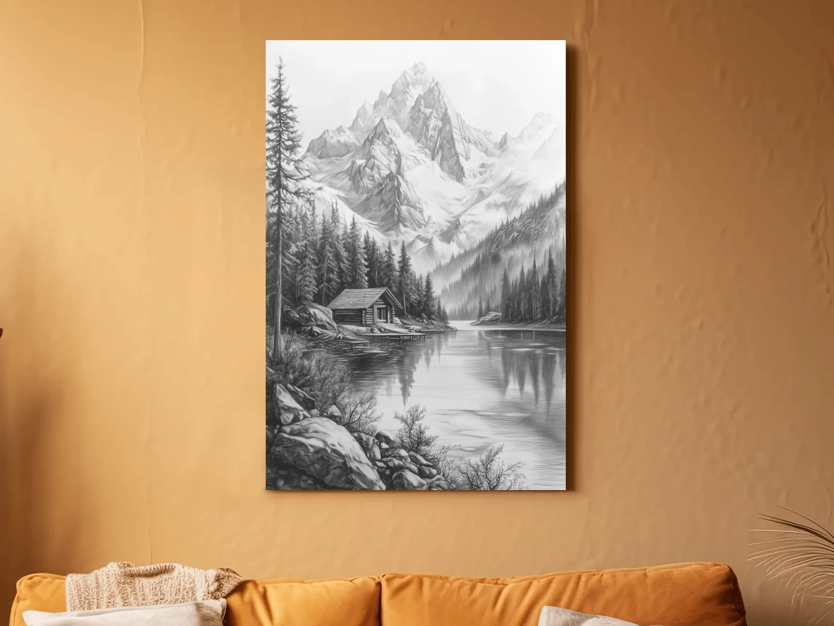 Monochrome Alpine Lake Cabin Sketch Art - Mountain Drawing Wall Art