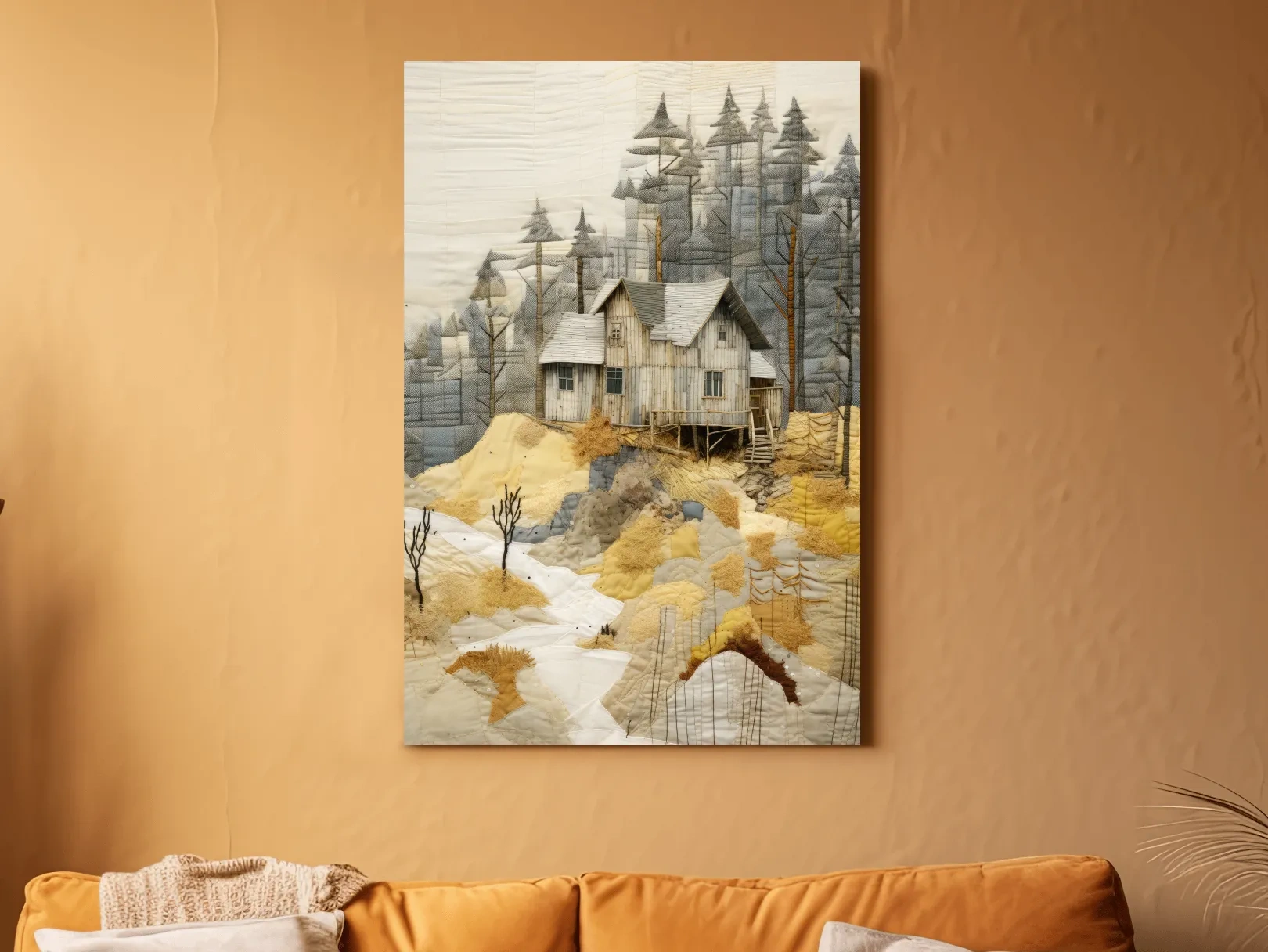 Rustic Woodland Cabin Landscape Quilt Art - Patchwork Style Mixed Media Wall Art