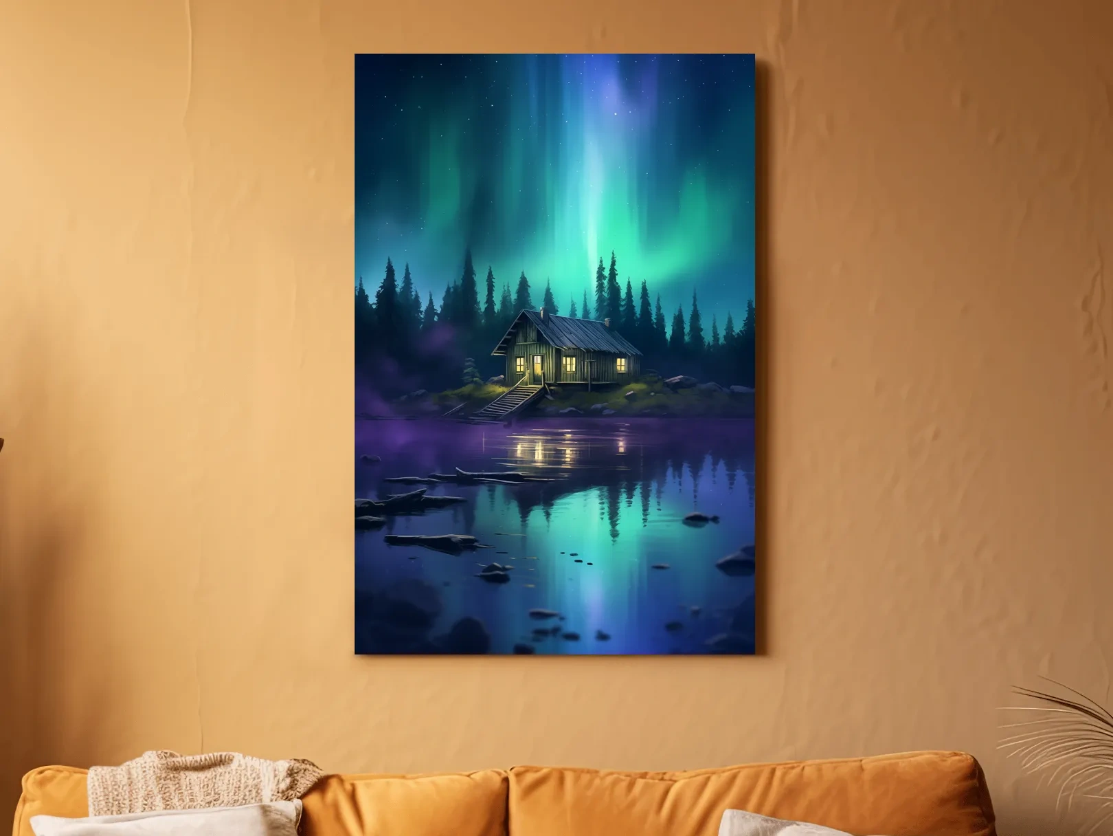 Vibrant Northern Lights Cabin Lake Painting - Aurora Borealis Night Wall Art