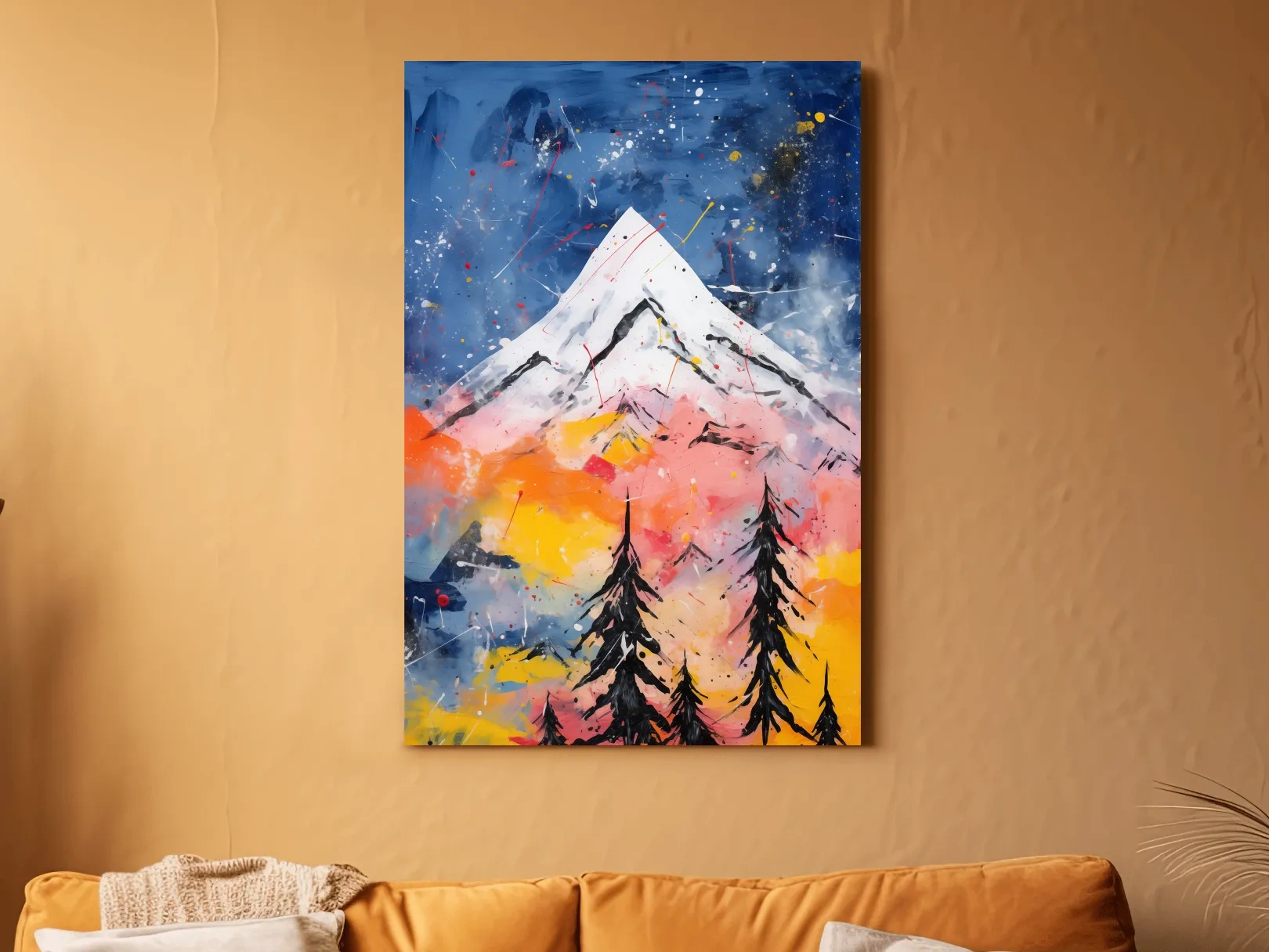 Vibrant Abstract Mountain Peak Sunset Painting - Colorful Acrylic Splash Forest Wall Art