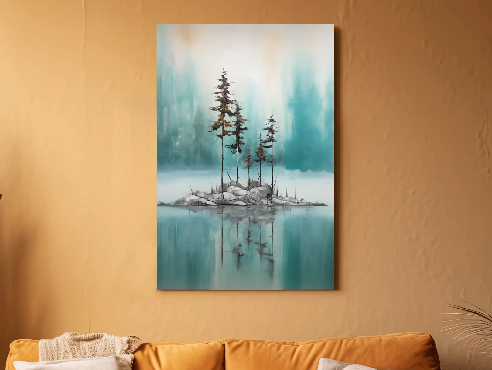 Misty Pine Trees Reflection - Watercolor Turquoise Alpine Lake Wall Art