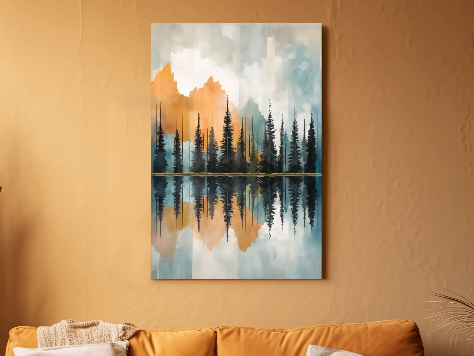Abstract Watercolor Mountain Lake Reflection - Alpine Forest Landscape Artwork