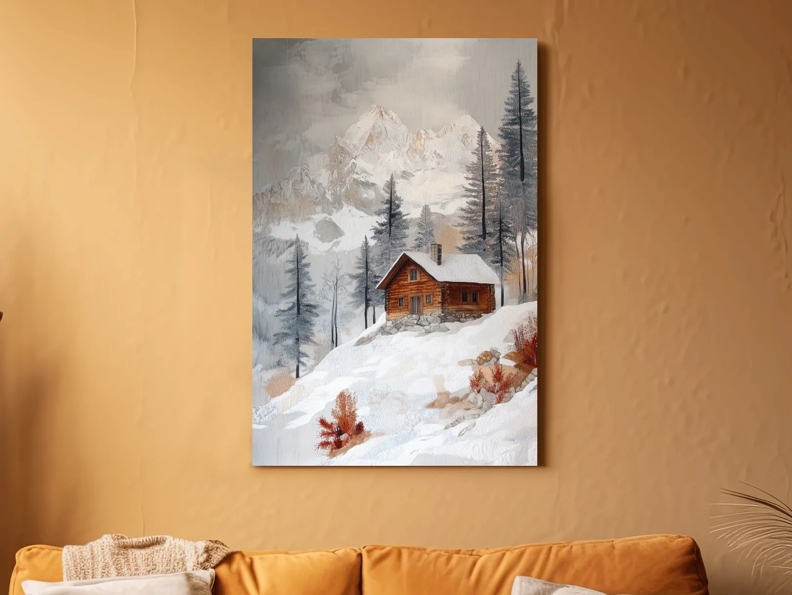 Snowy Mountain Cabin Landscape Painting - Rustic Winter Wilderness Wall Art