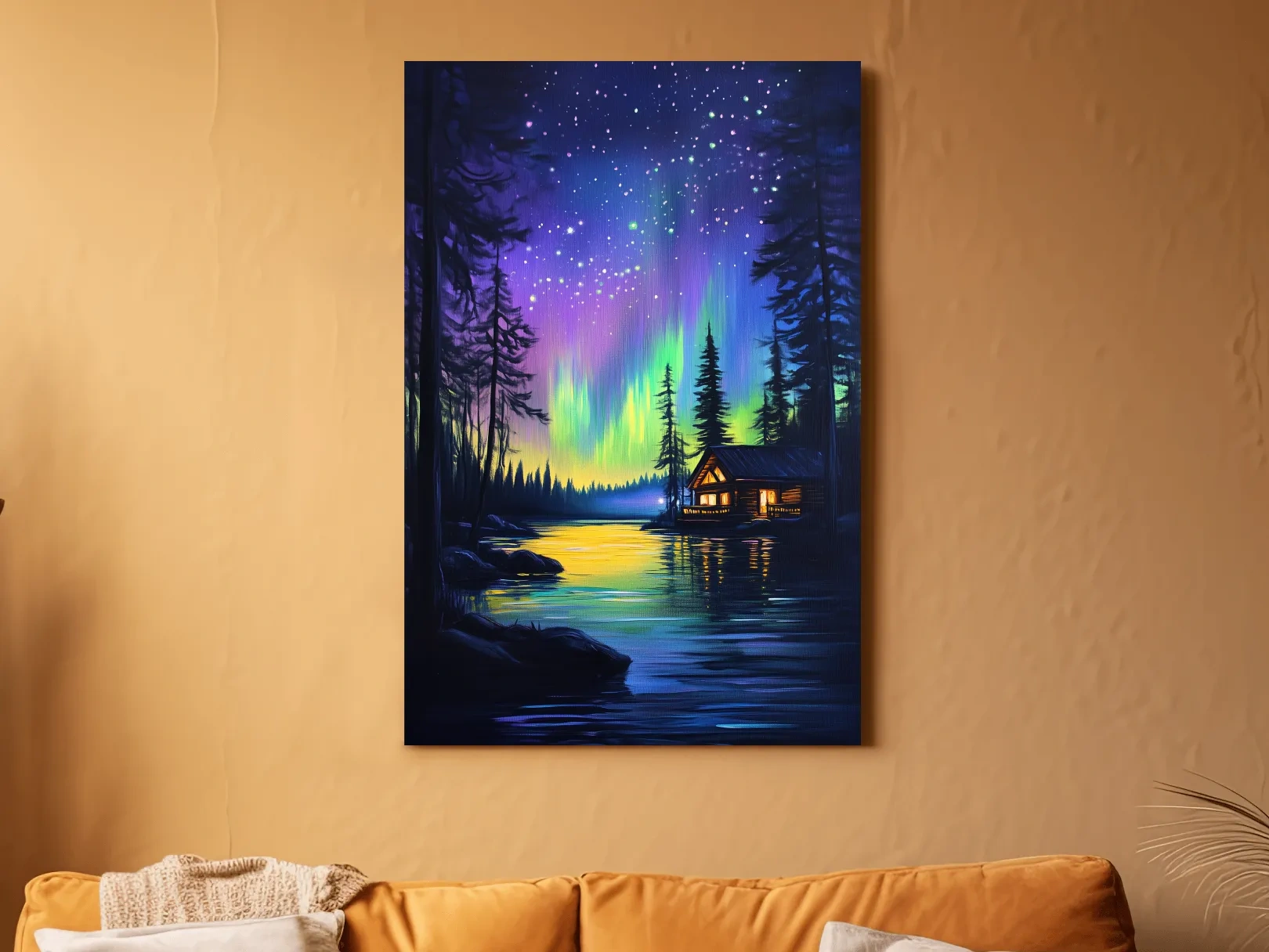 Vibrant Northern Lights Lakeside Cabin Painting - Aurora Borealis Night Landscape Wall Art