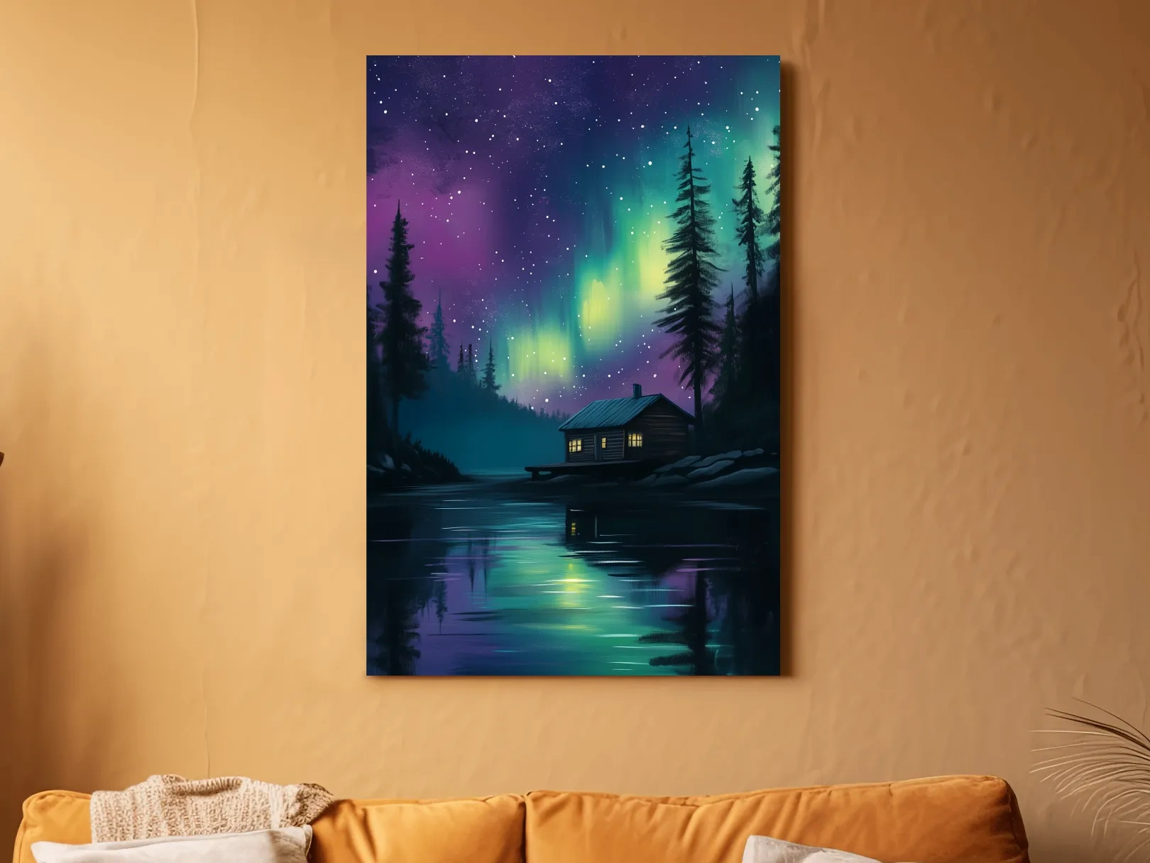 Aurora Borealis Lake Cabin Painting - Northern Lights Wall Art