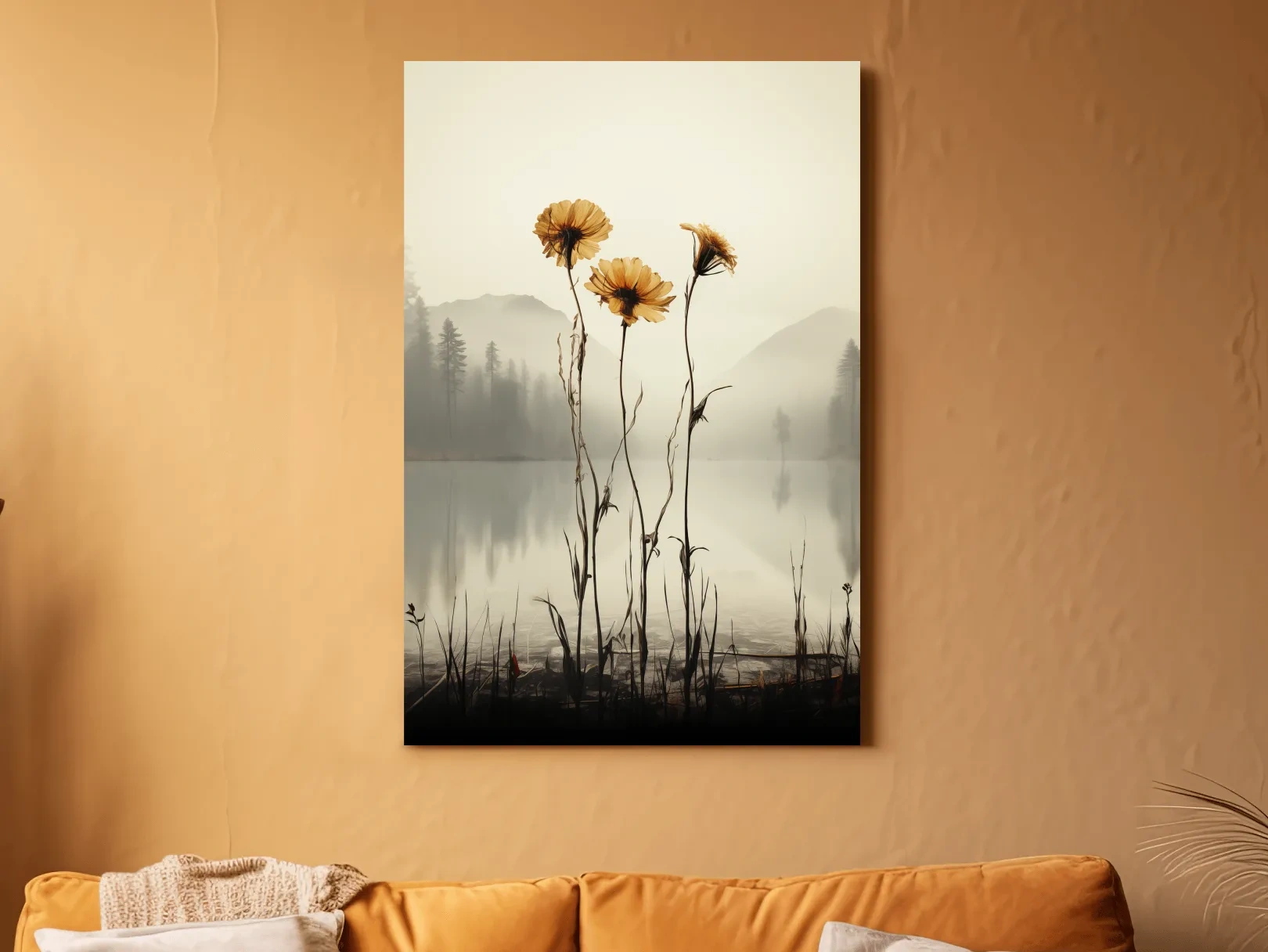Wildflower Misty Lake Landscape - Minimalist Botanical Wall Art