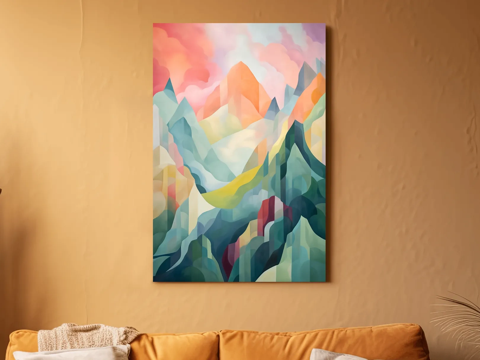 Vibrant Abstract Pastel Mountain Sunset - Geometric Watercolor Style Wall Art