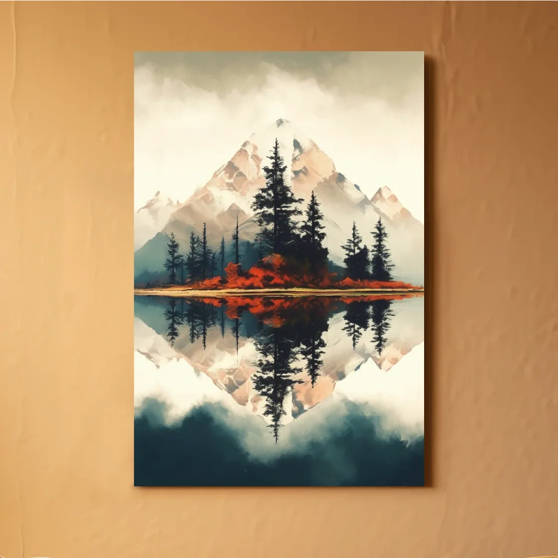 Minimal mountain art, trees by an alpine lake