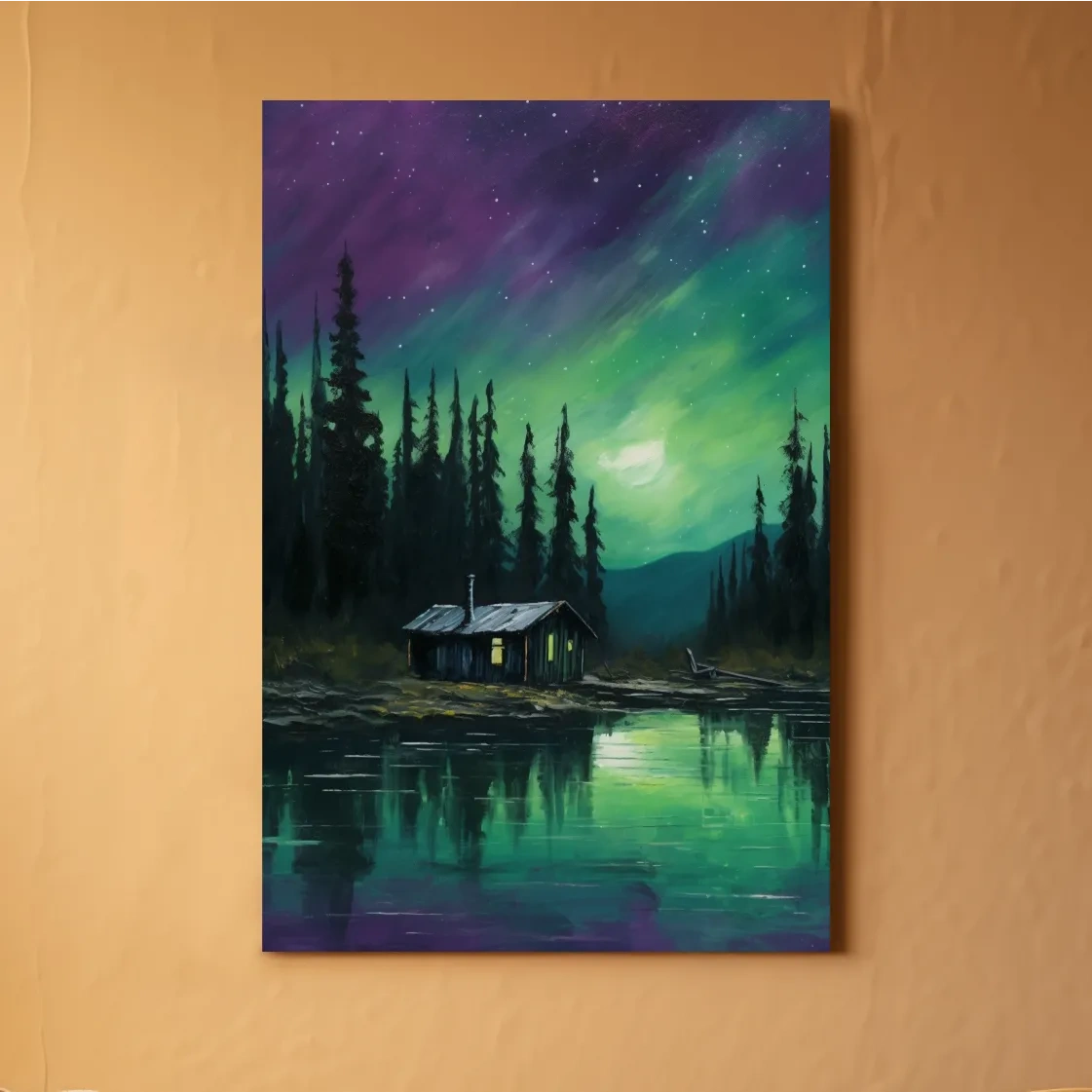 Vibrant Northern Lights Cabin Lake Painting - Aurora Borealis Night Wall Art