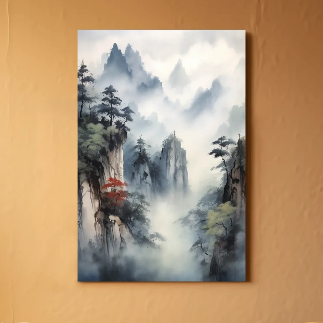 Chinese ink wash style watercolour painting of a misty mountain landscape