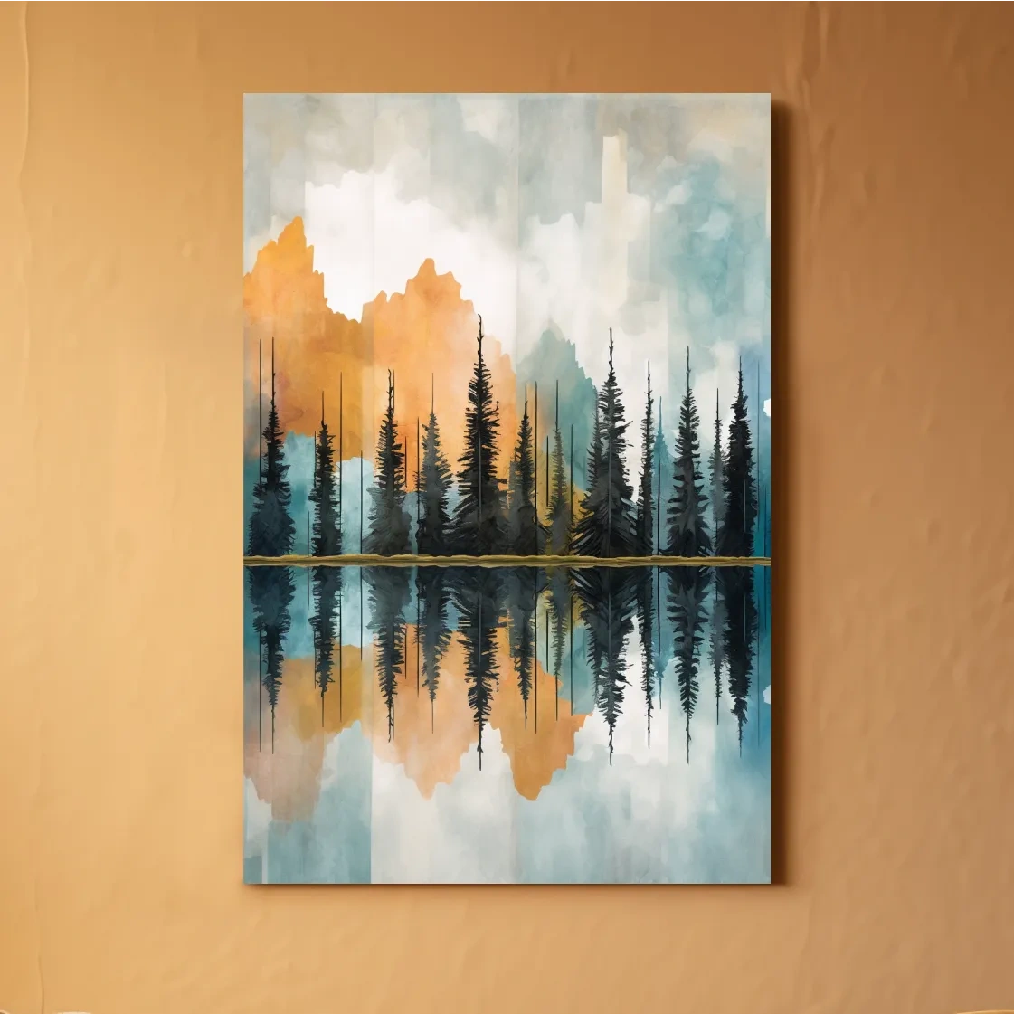 Abstract watercolour painting of trees along a lake