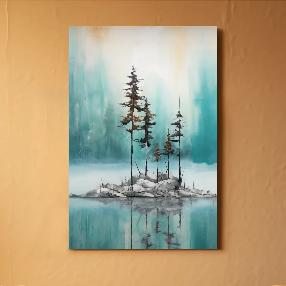 Abstract painting of trees by an alpine lake