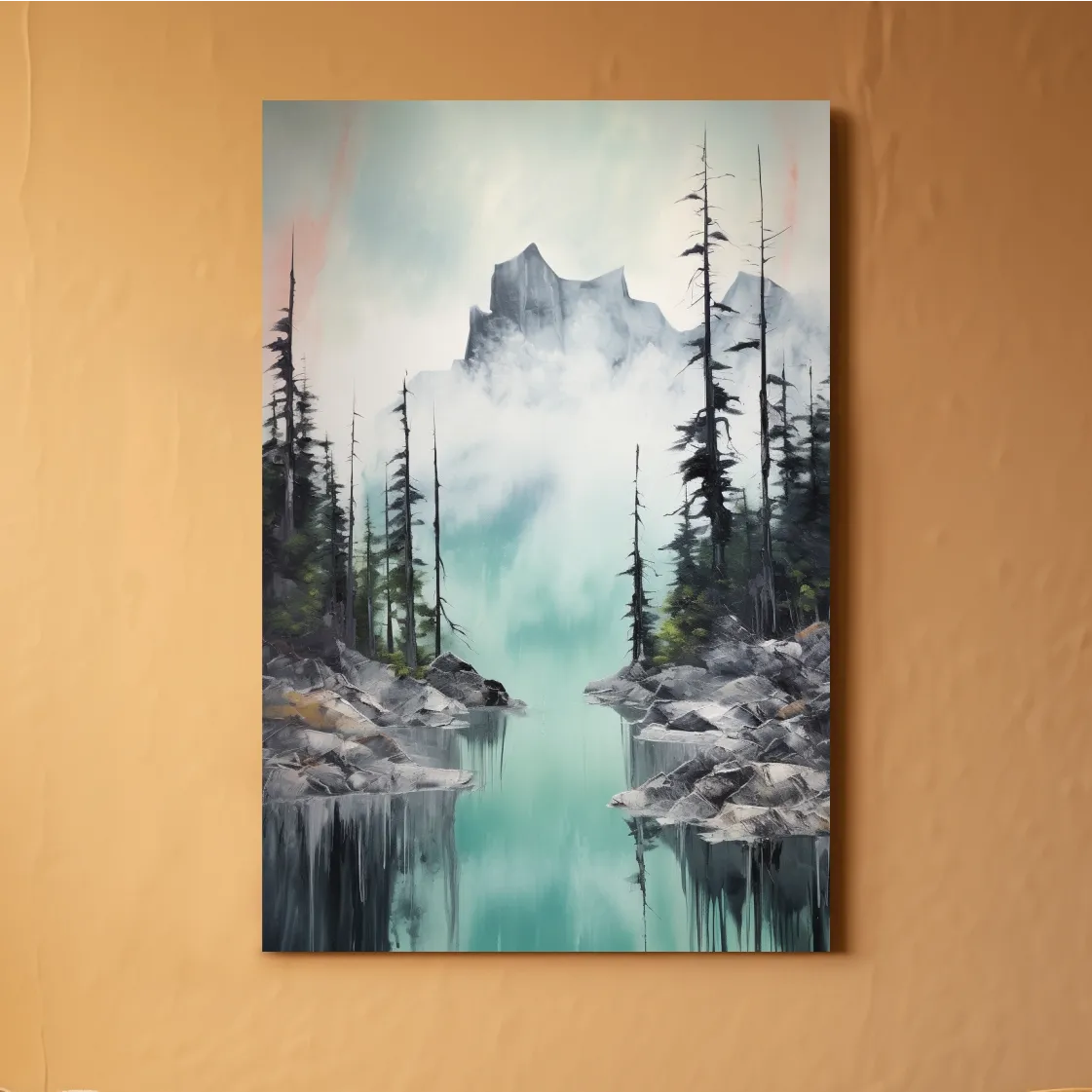 Painting of a turquoise alpine lake and mountain in the fog