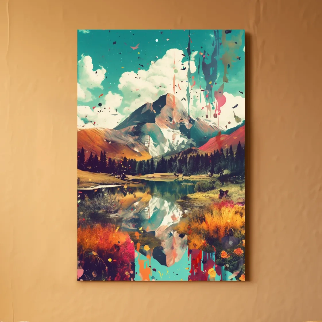 Colourful splattered abstract painting of a mountain and lake