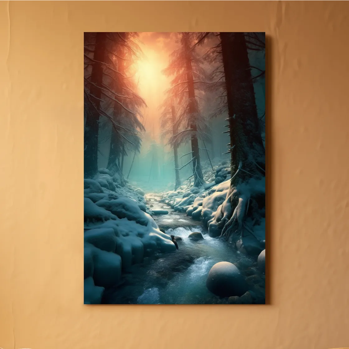 Photographic wall art, a stream running through the snow