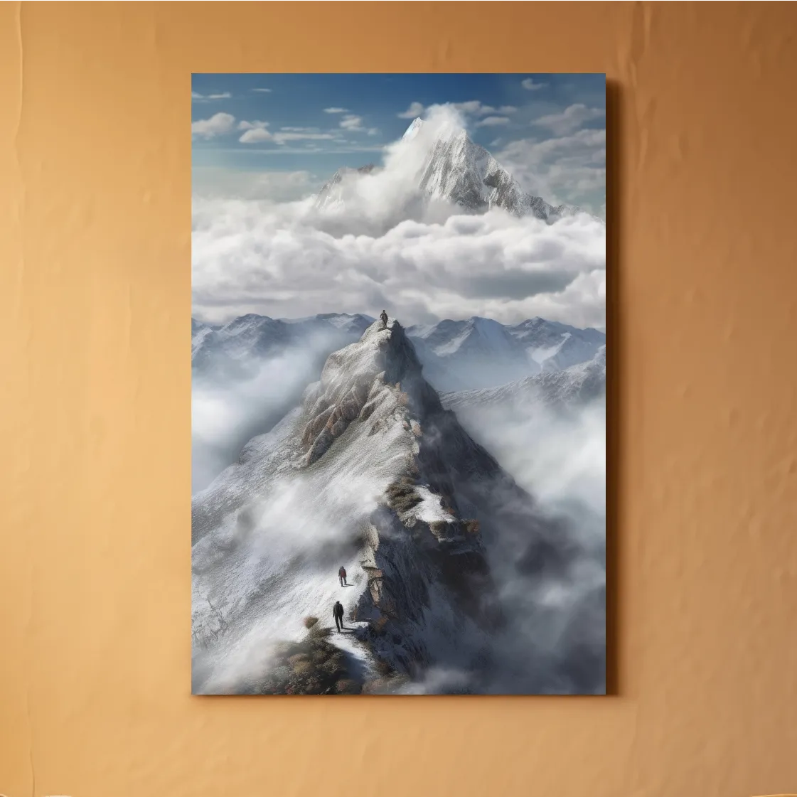 Painting of adventurers hiking up a ridge