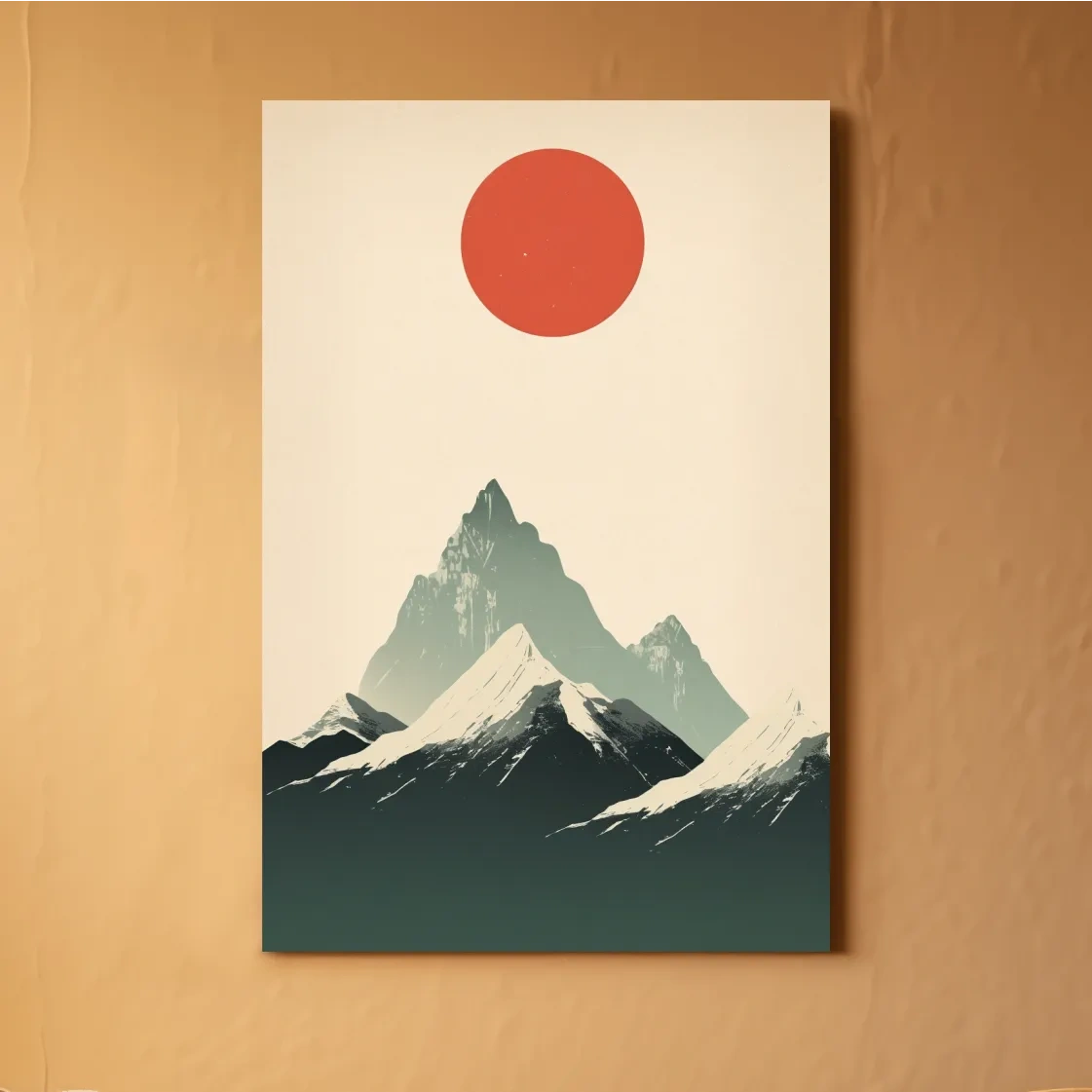 Japandi style minimalistic art of the sun over snow capped mountains