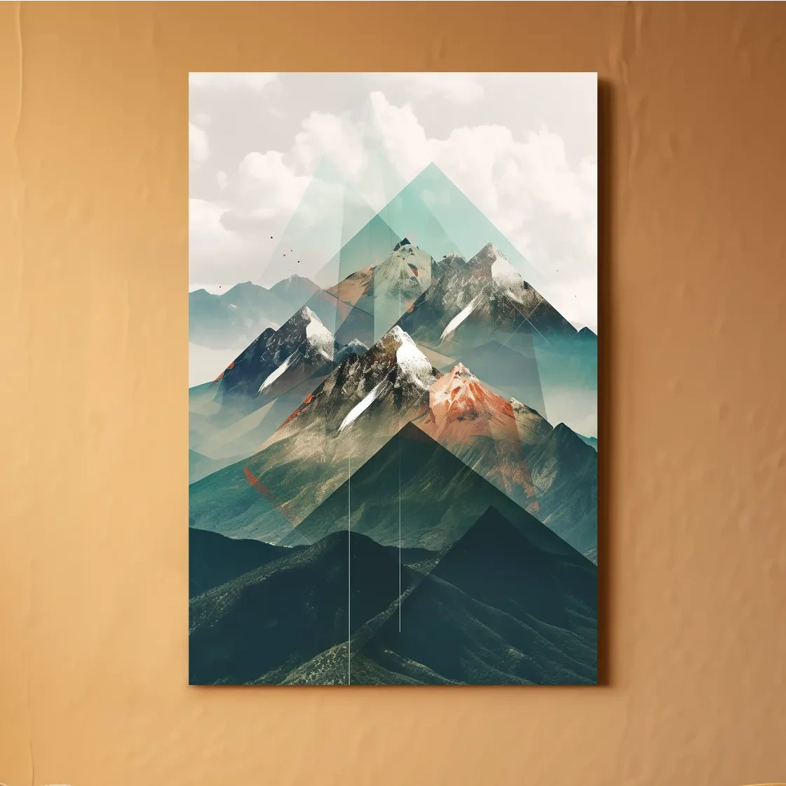 Abstract mountain art, geometric shapes overlaying mountain photography
