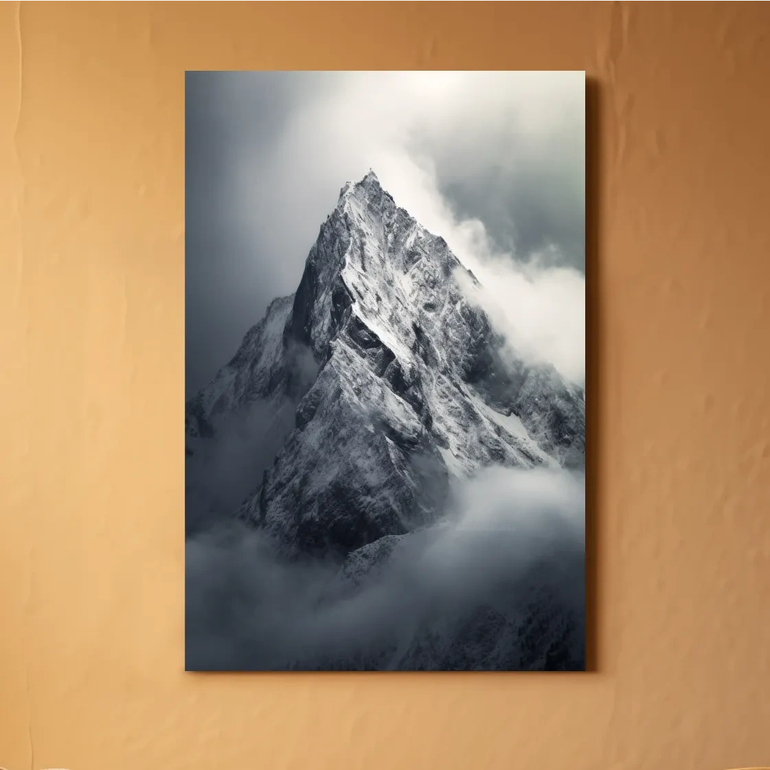 Photographic art, ominous snow capped mountain in the clouds