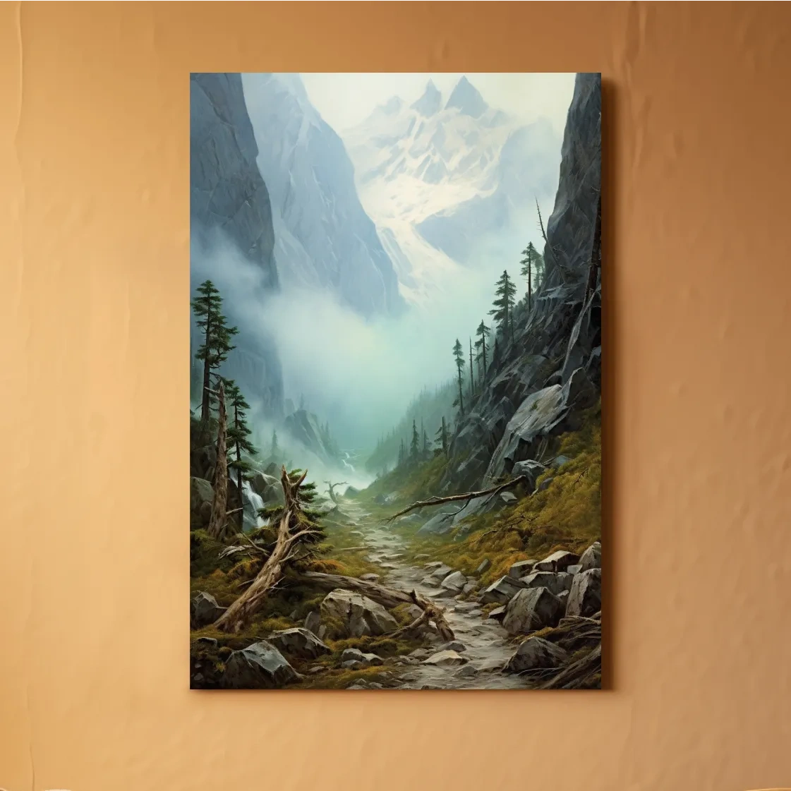 Misty Alpine Mountain Valley Painting - Foggy Pine Forest Wall Art
