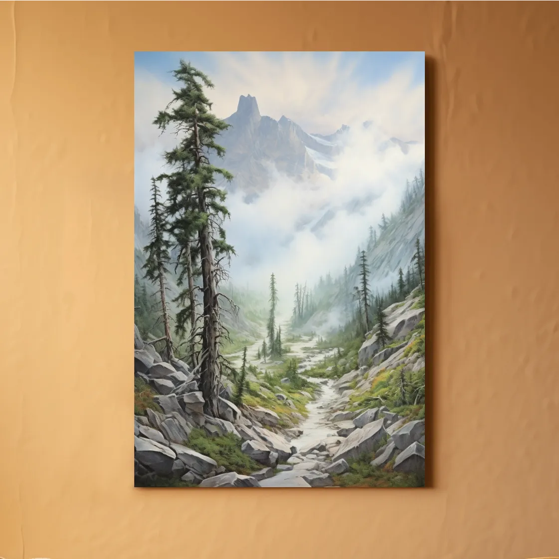 Painting of a trail leading into a foggy alpine scene