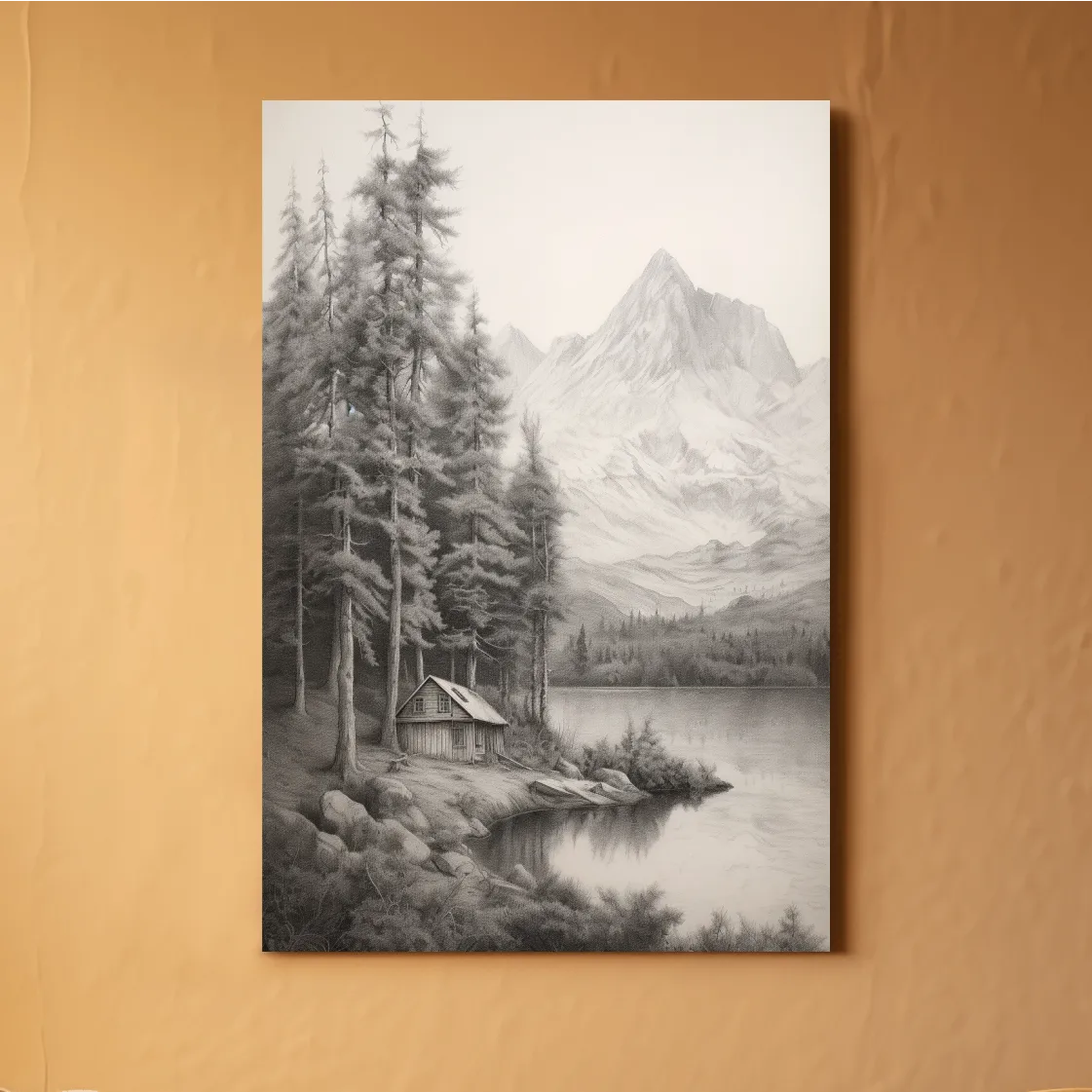 Lead pencil drawing of a cabin by an alpine lake