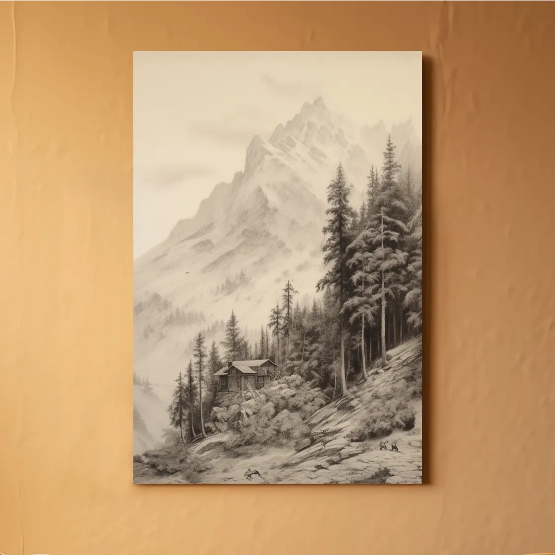 Lead pencil drawing of a cabin by a glacier