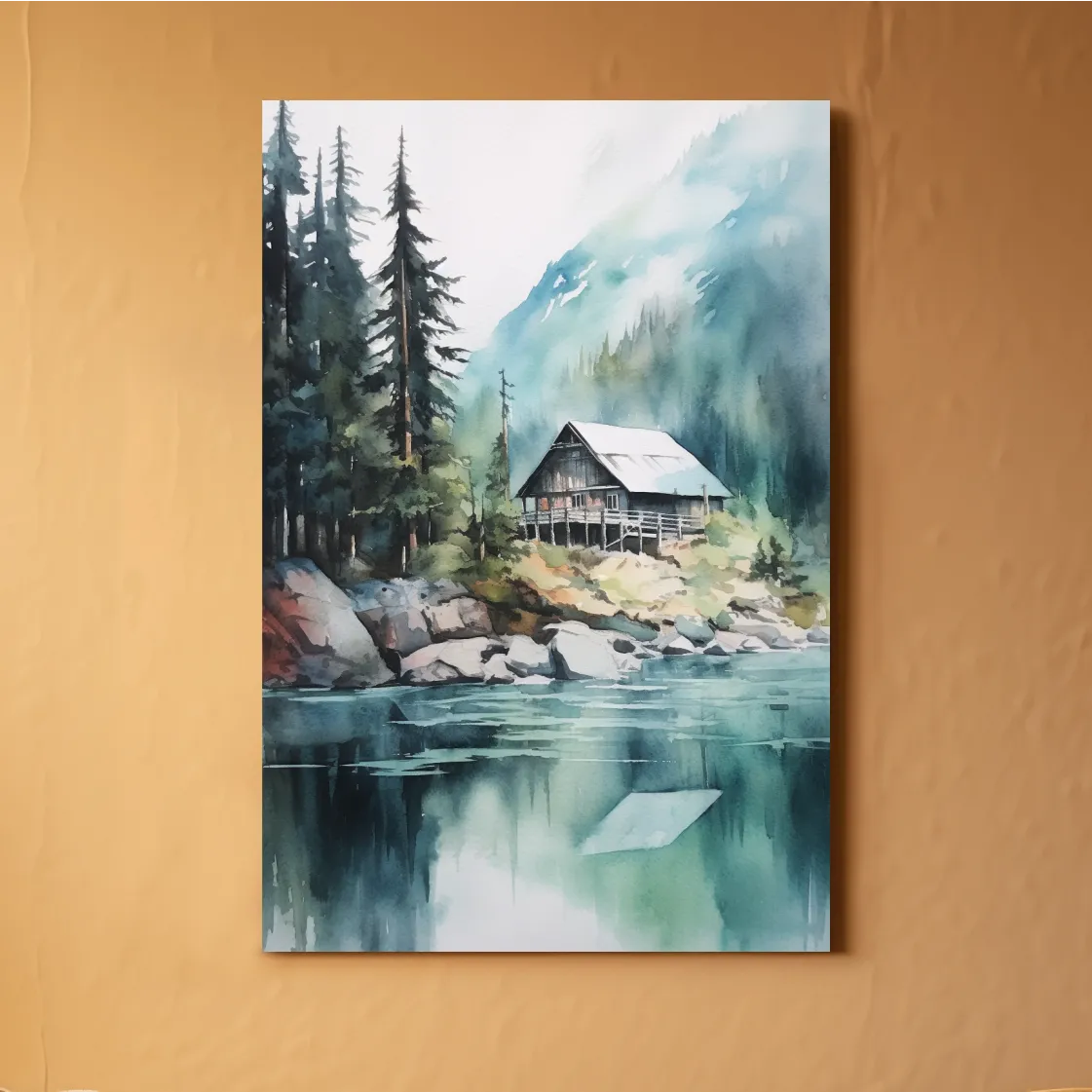Watercolour painting of a cabin by a lake
