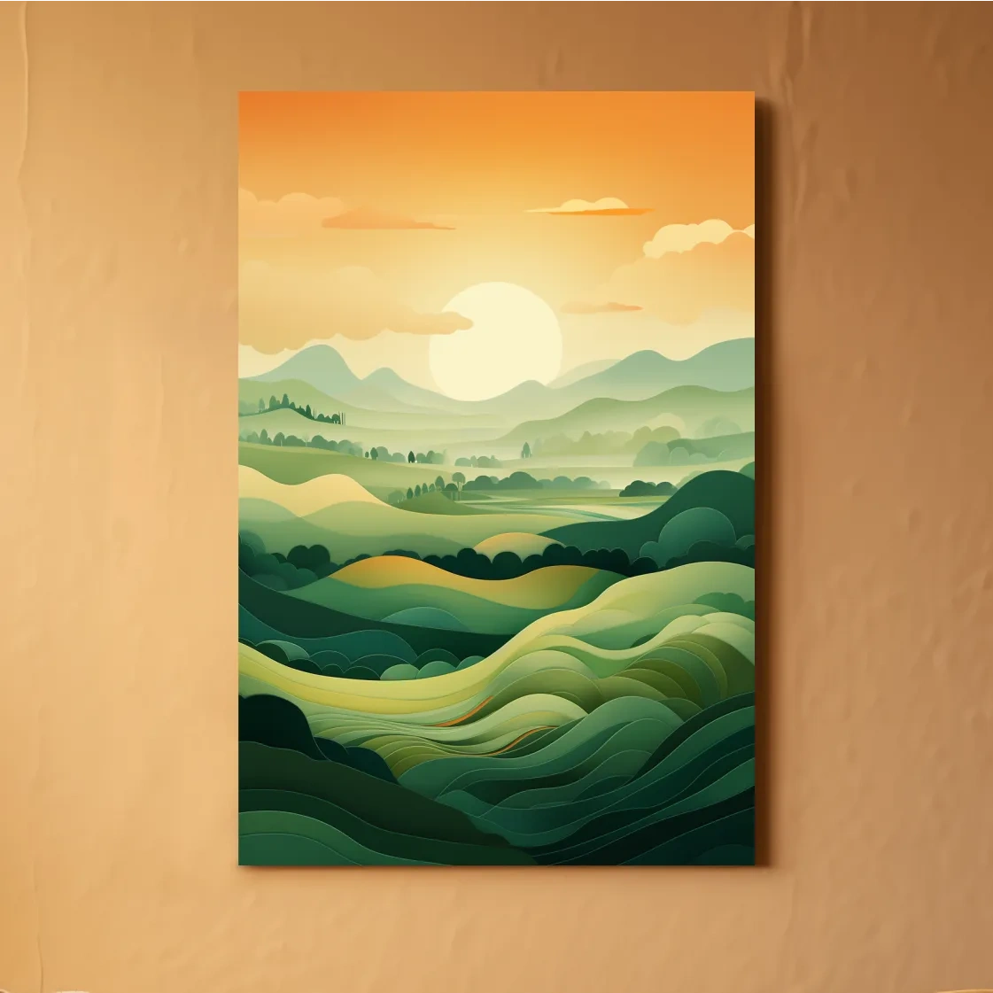 Illustration of rolling green hills at sunset