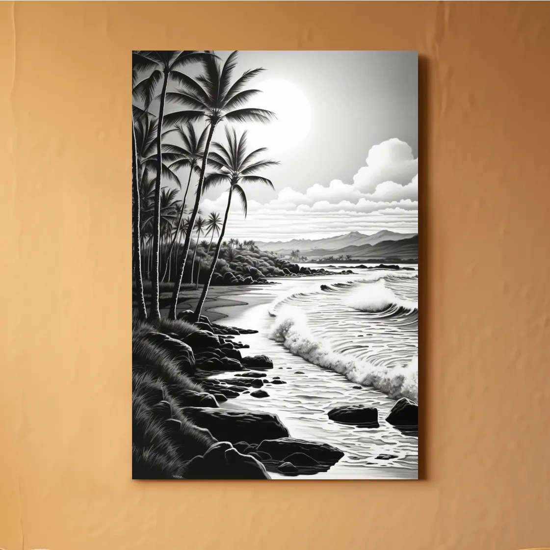 Black and white drawing of a tropical beach mountain scene