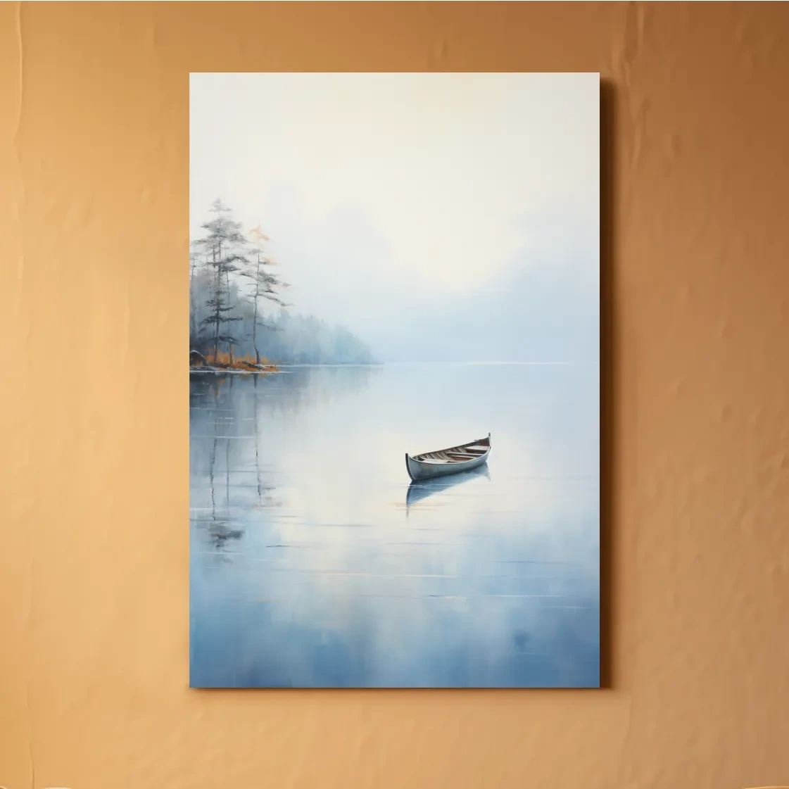 Watercolor painting, canoe on a misty lake