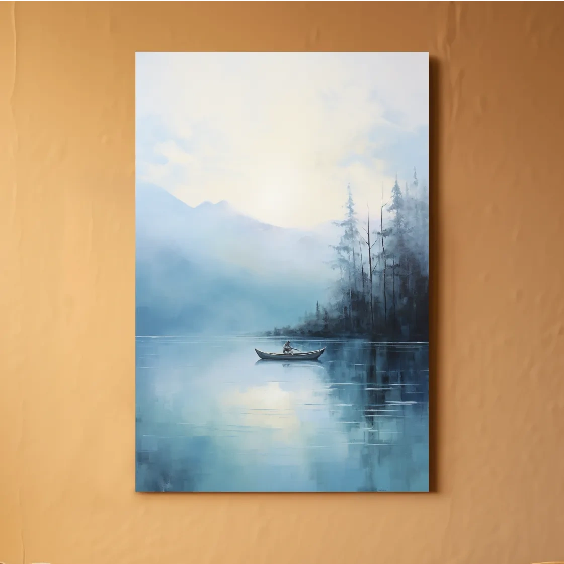 Misty Turquoise Mountain Lake Canoe Painting - Serene Forest Landscape Wall Art