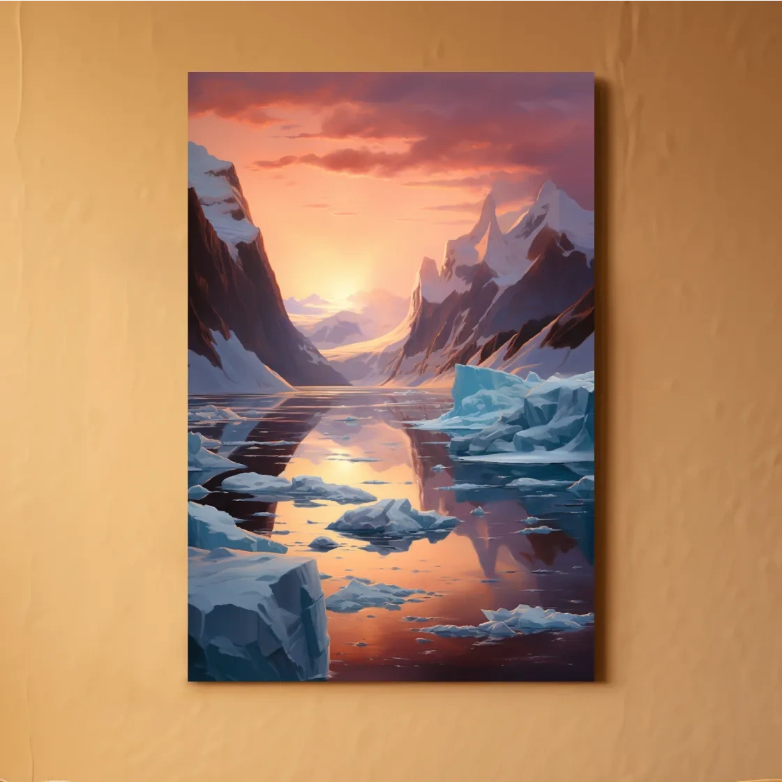Beautiful surreal painting, sunset over the antarctic ice