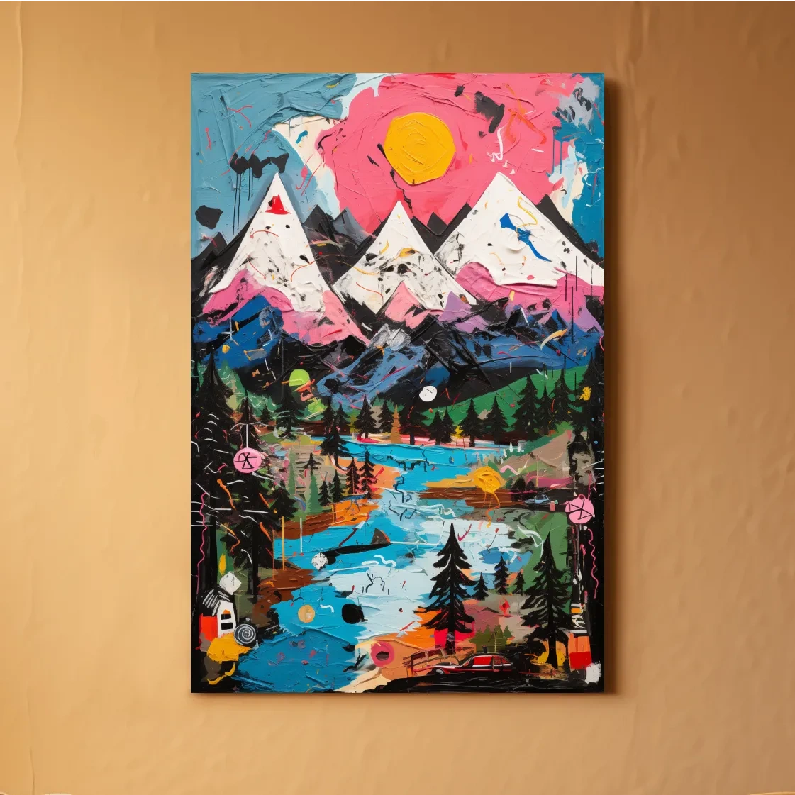 Bold abstract painting of an alpine mountain scene