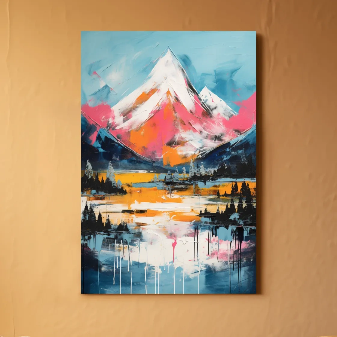 Bright painting of a snow capped mountain