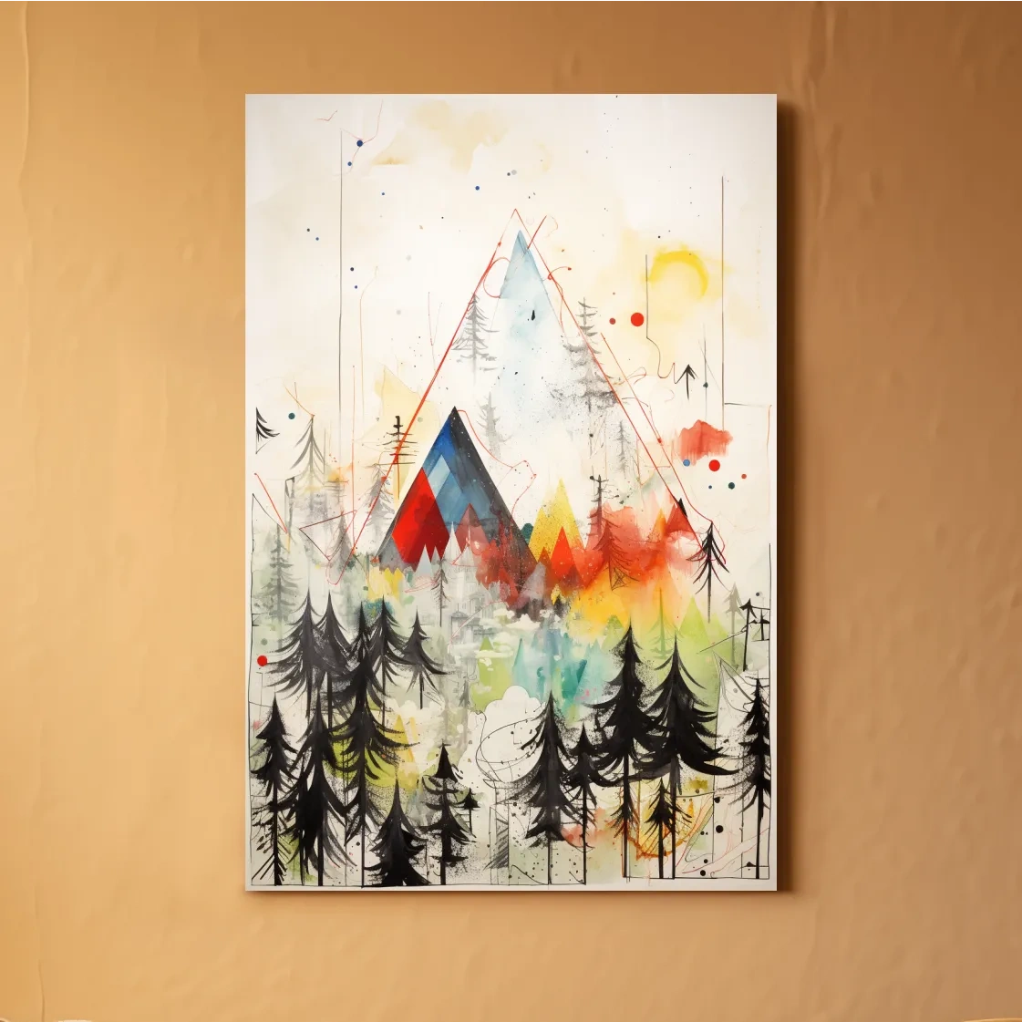 Simple low colour abstract painting, mountains and trees